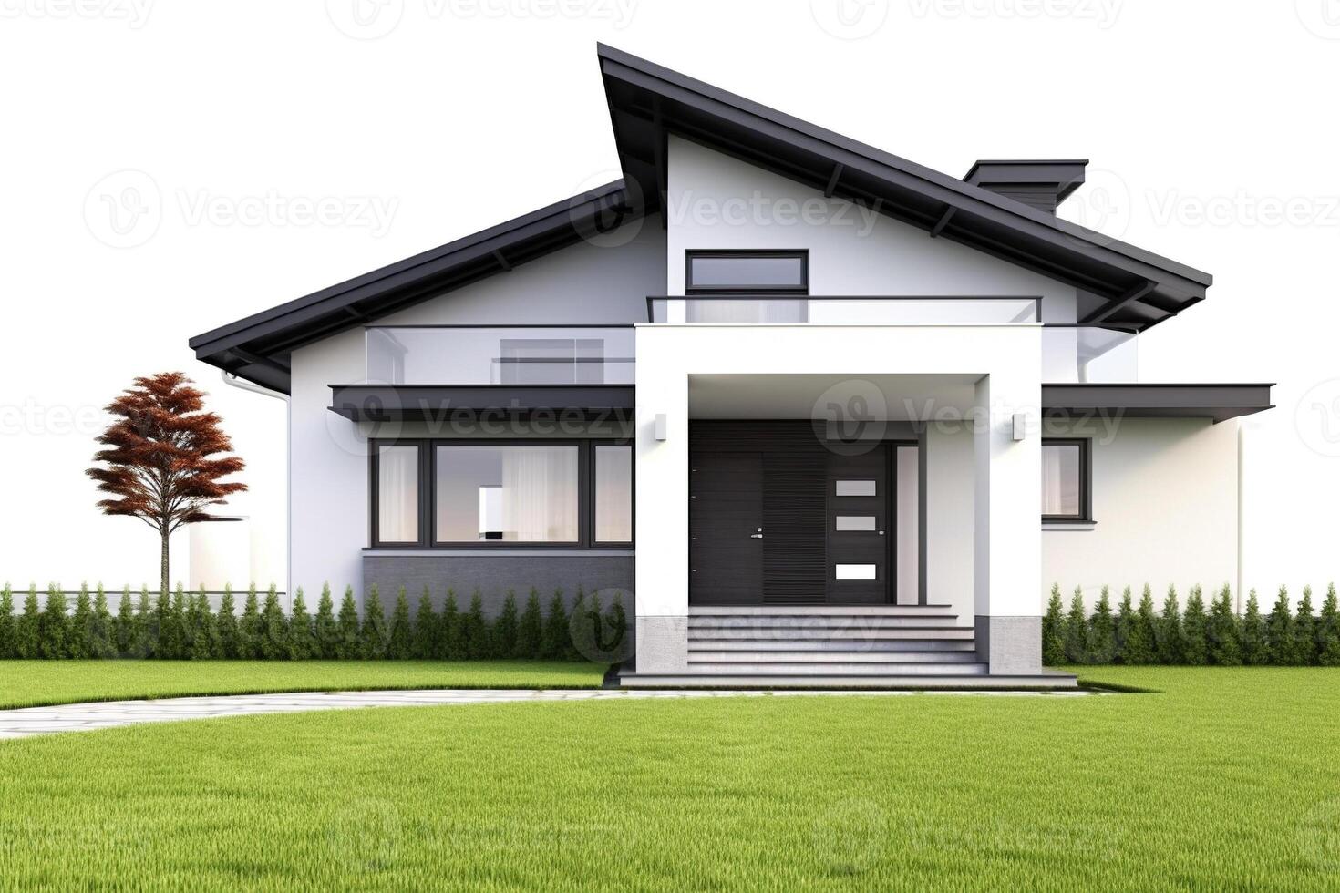 Front view of a isolated modern house with a big lawn. white background. photo