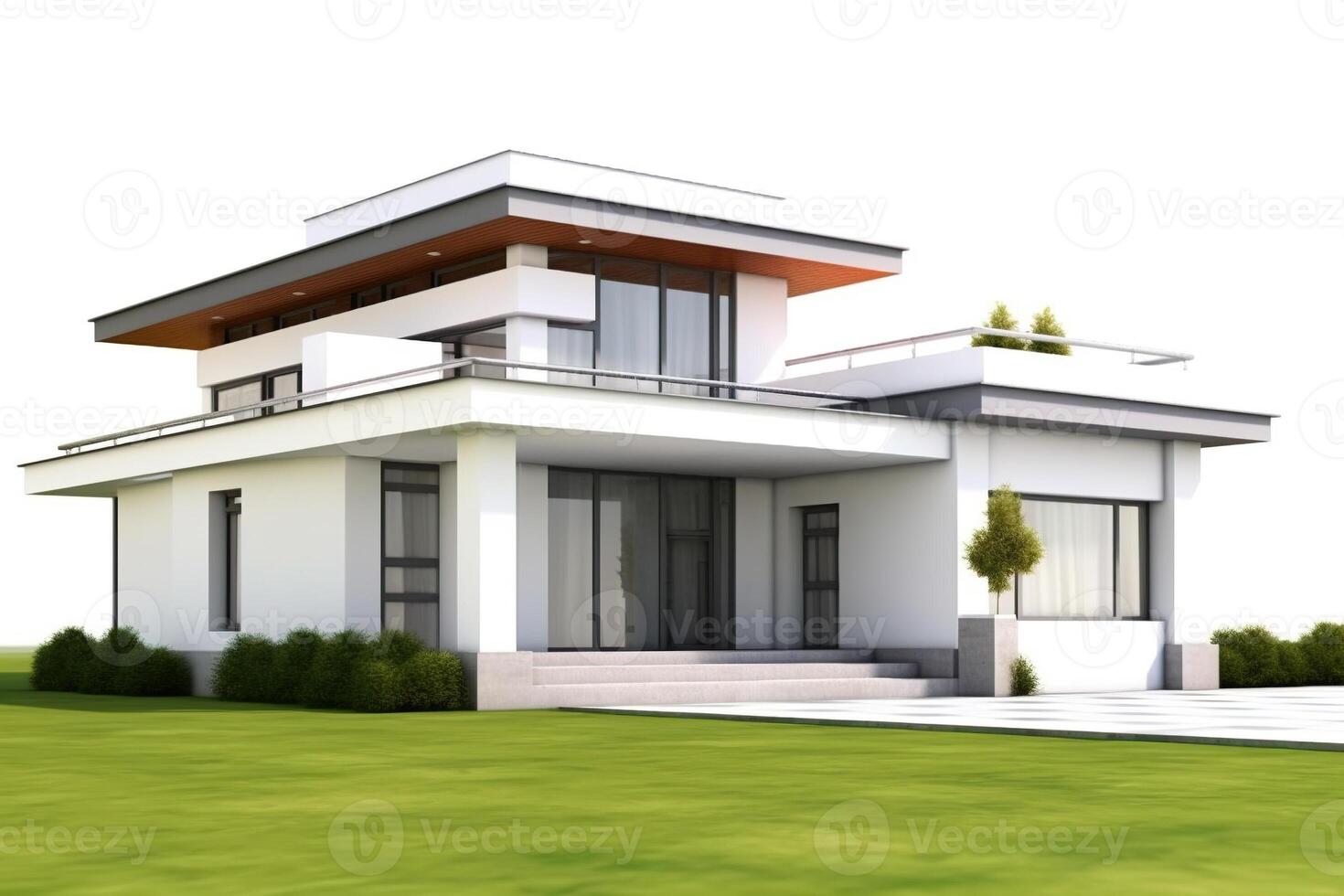 Front view of a isolated modern house with a big lawn. white background. photo