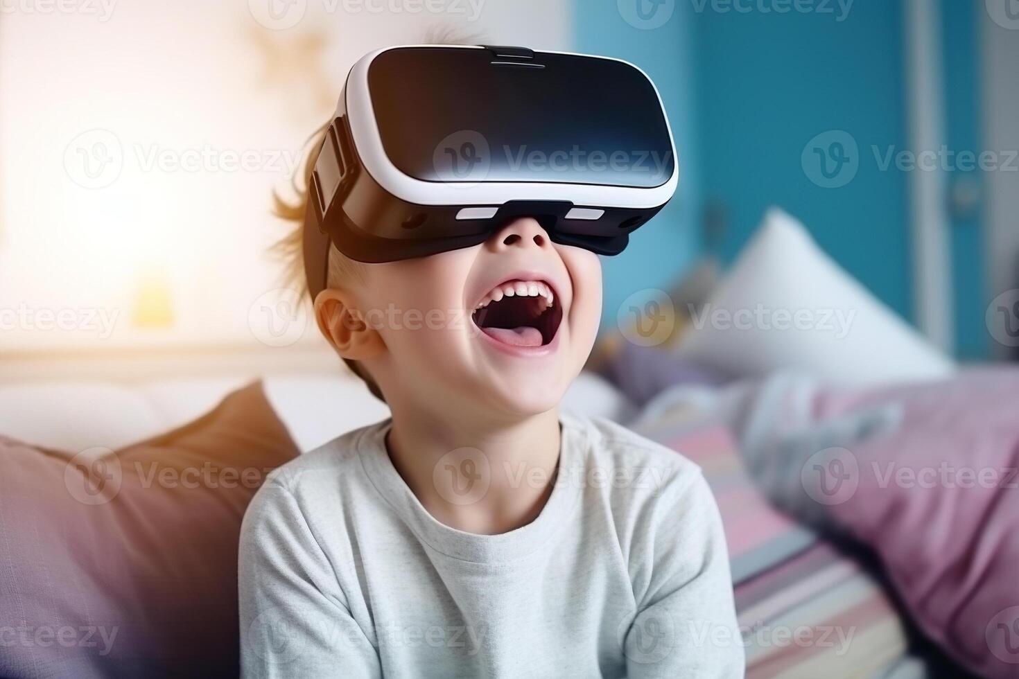 Kid interact using virtual reality headset to interact with the imaginary world. photo