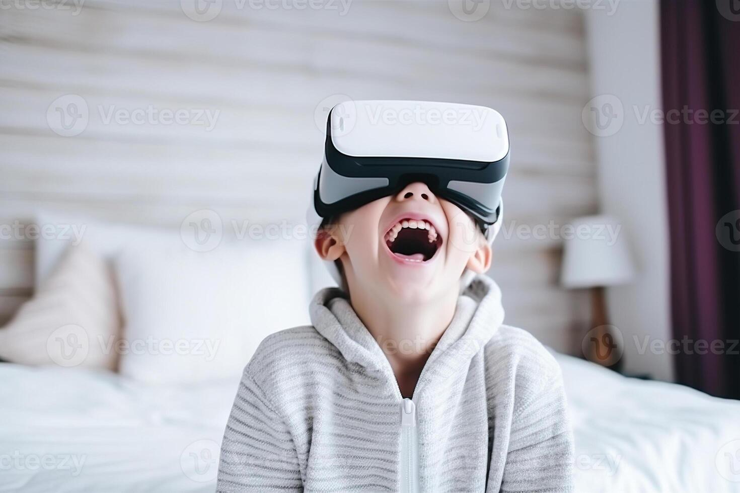 Kid interact using virtual reality headset to interact with the imaginary world. photo