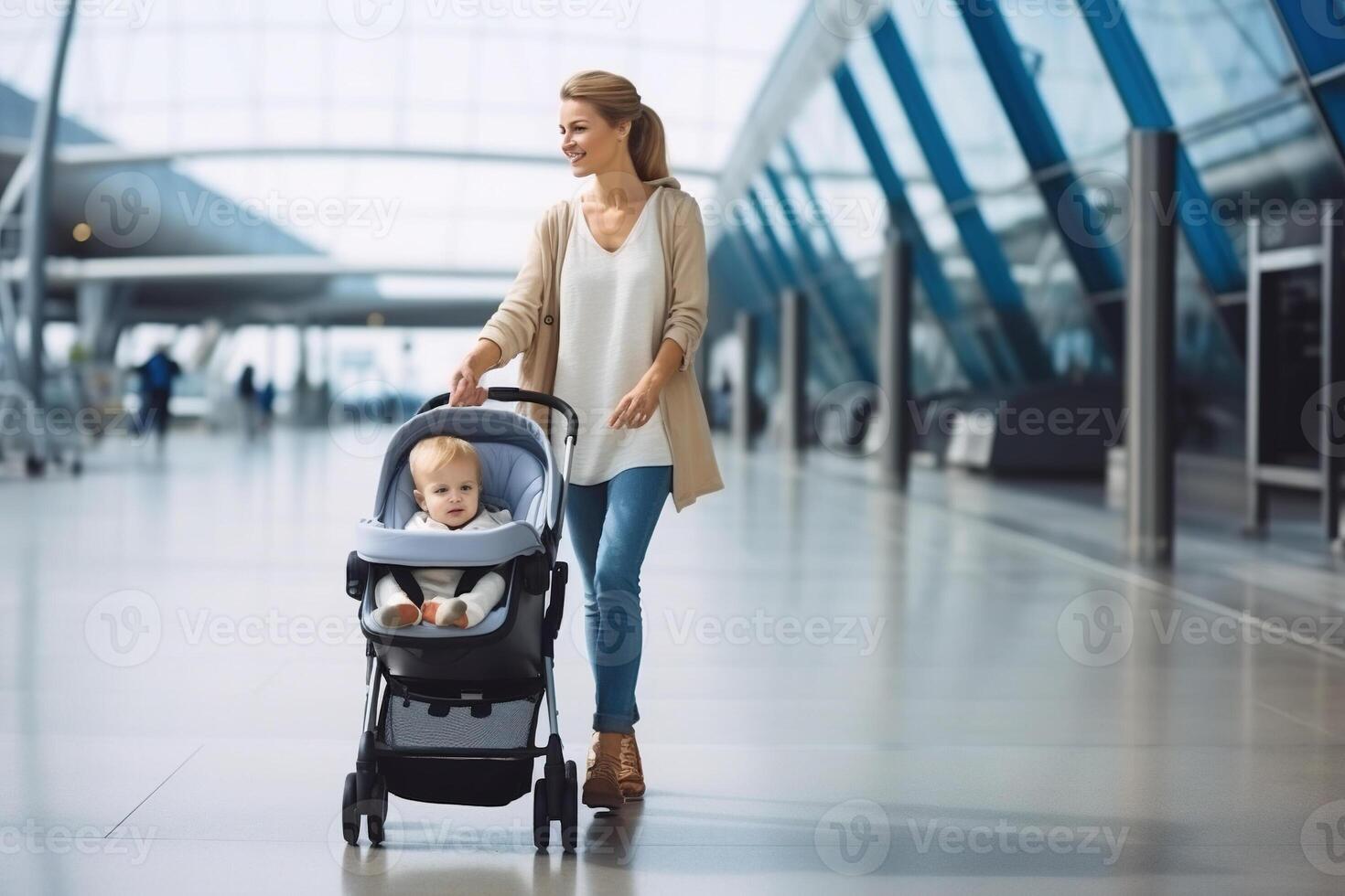 Mother carrying his infant baby boy child, pushing stroller at airport departure terminal moving to boarding gates to board an airplane. Family travel with baby concept. photo