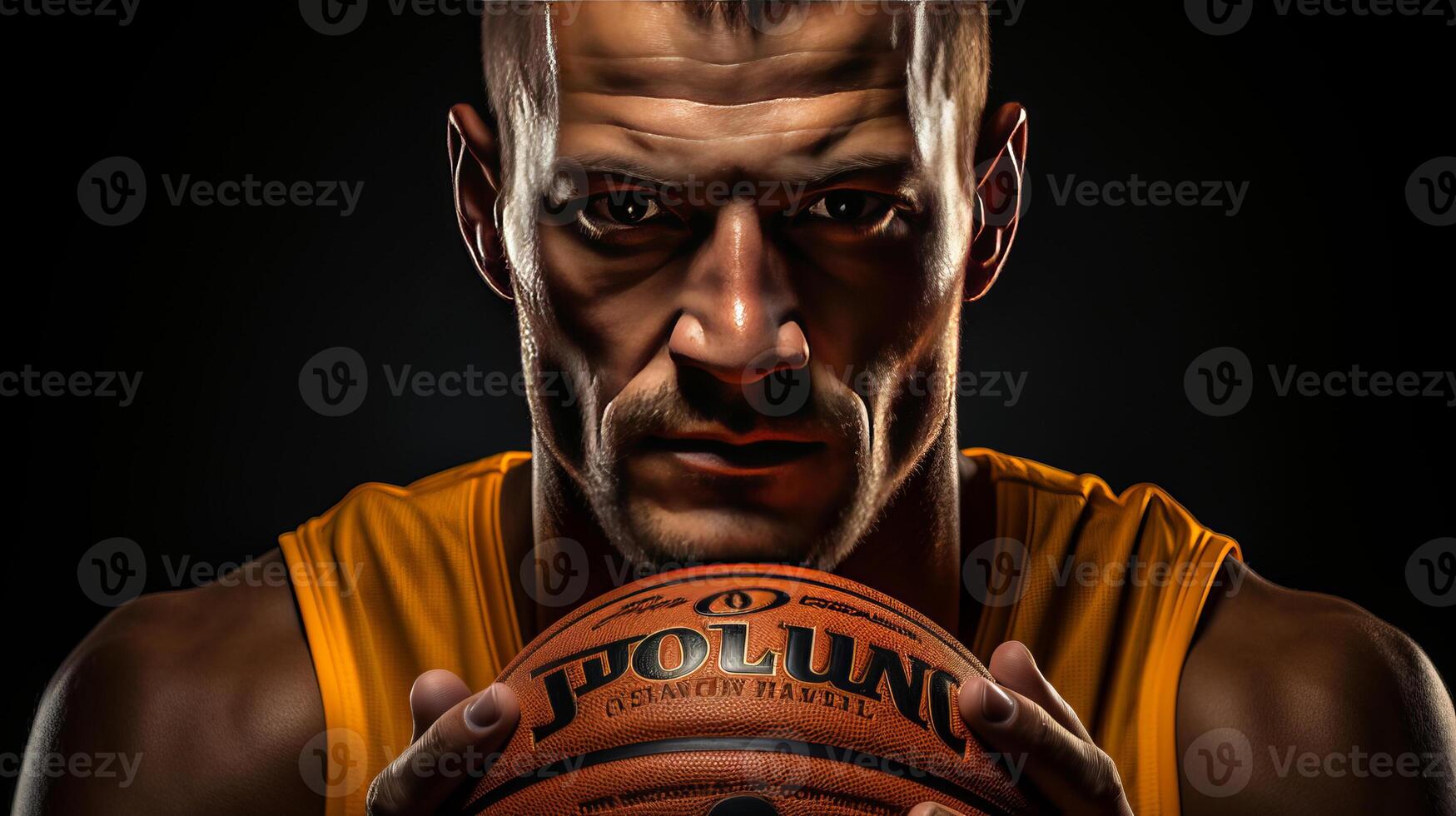 A basketball player with his hands on the ball, in the style of softbox lighting, dark yellow and dark brown. photo