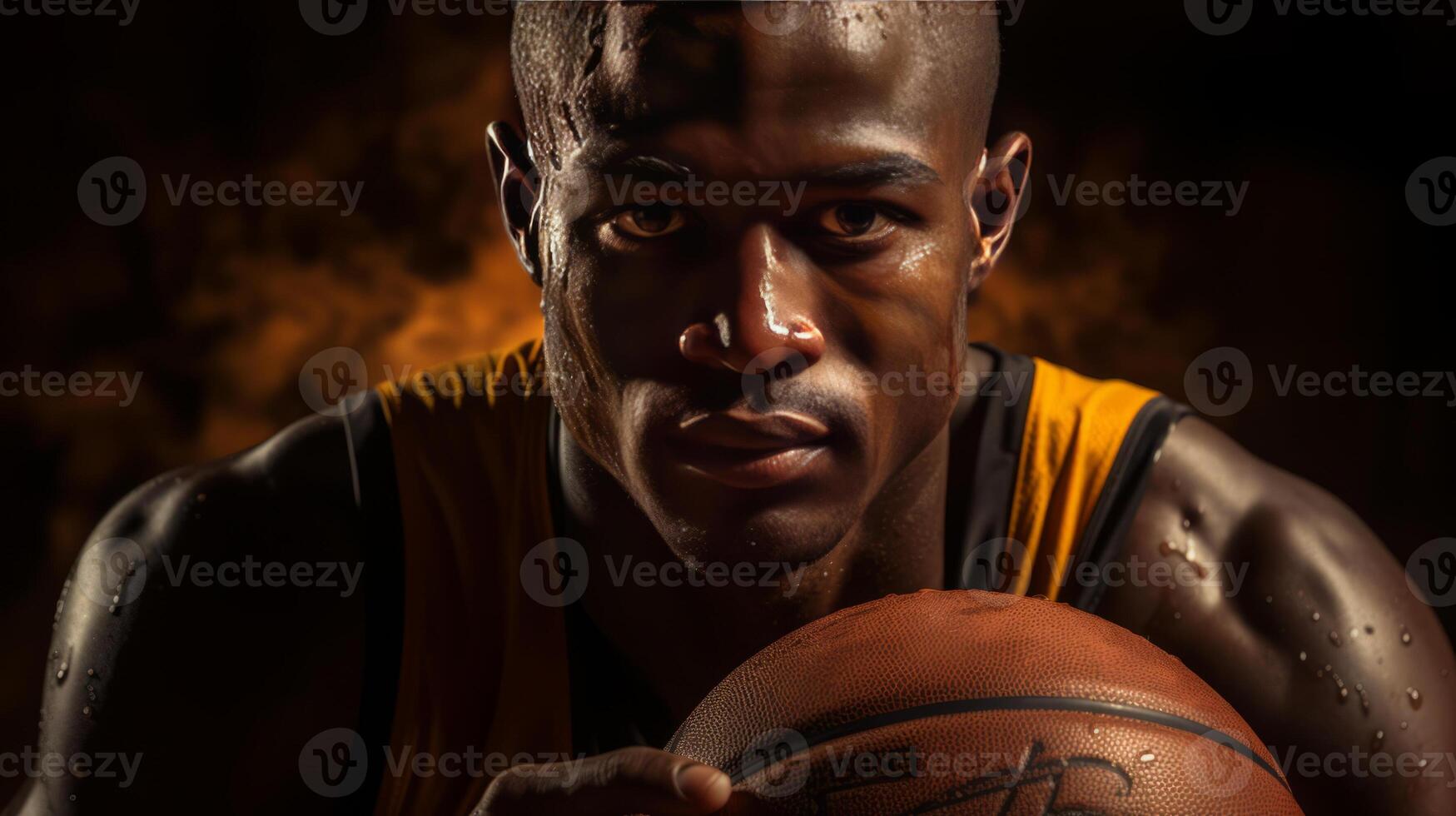 un baloncesto jugador con su manos en el pelota, en el estilo de softbox Encendiendo, oscuro amarillo y oscuro marrón. ai generado foto