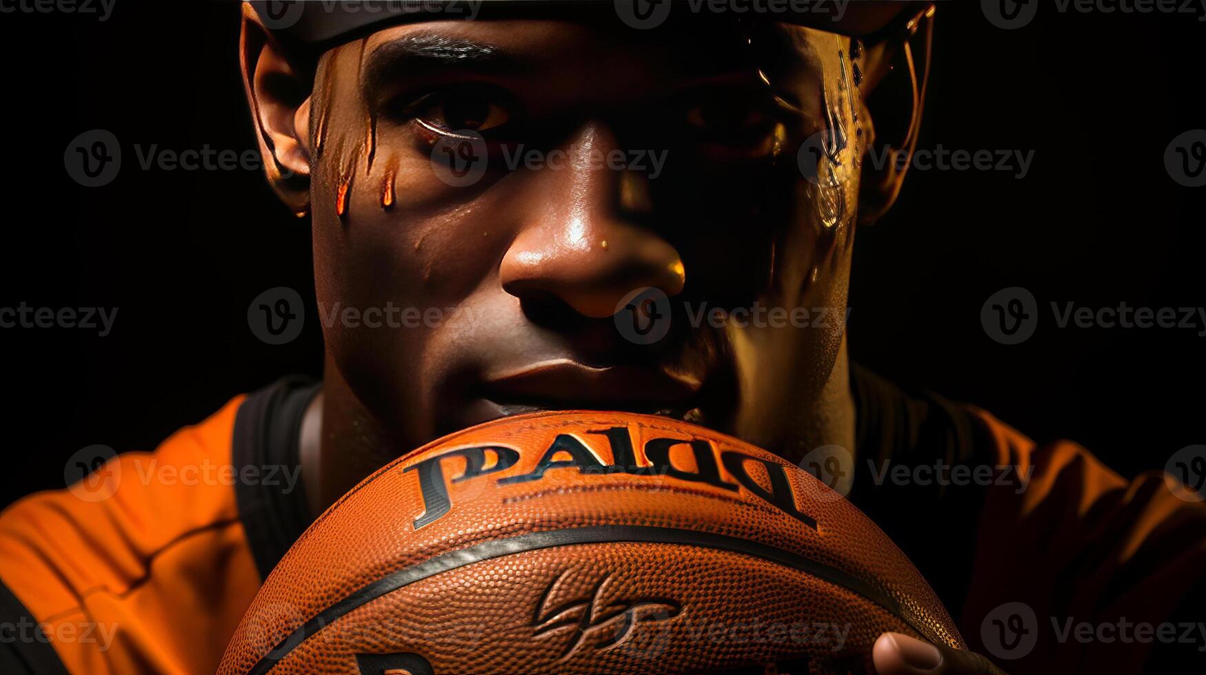 A basketball player with his hands on the ball, in the style of softbox lighting, dark yellow and dark brown. photo