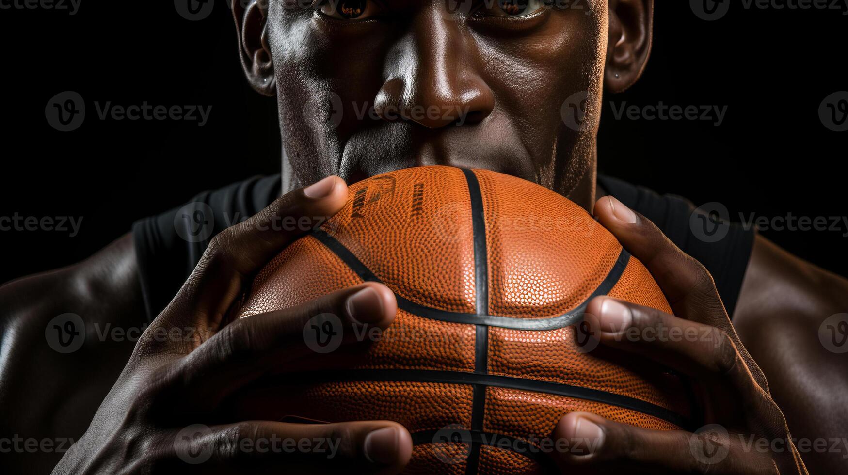 A basketball player with his hands on the ball, in the style of softbox lighting, dark yellow and dark brown. photo