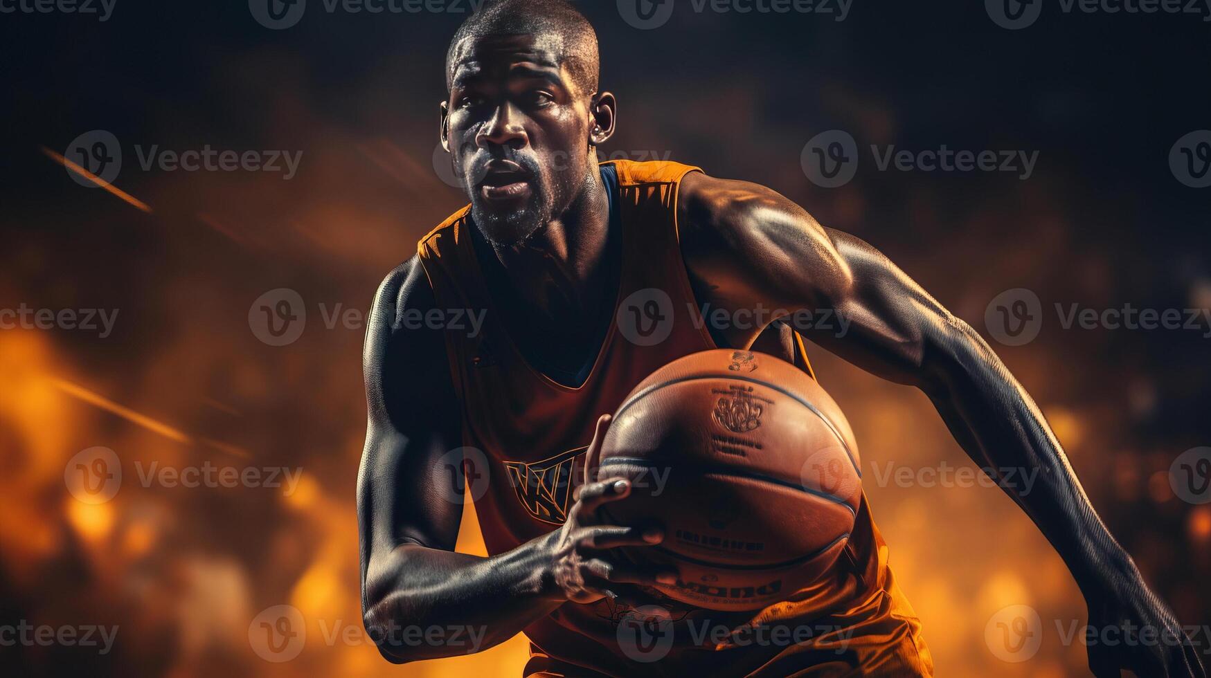 un baloncesto jugador con su manos en el pelota, en el estilo de softbox Encendiendo, oscuro amarillo y oscuro marrón. ai generado foto