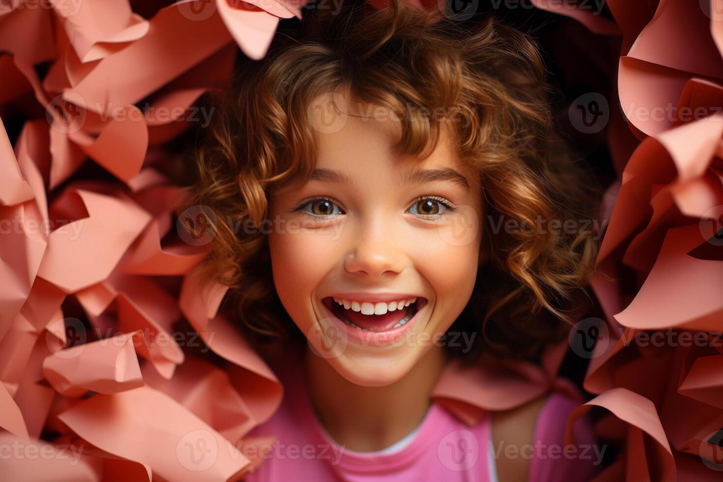 A cute girl stuck in a hole into a pink background. photo