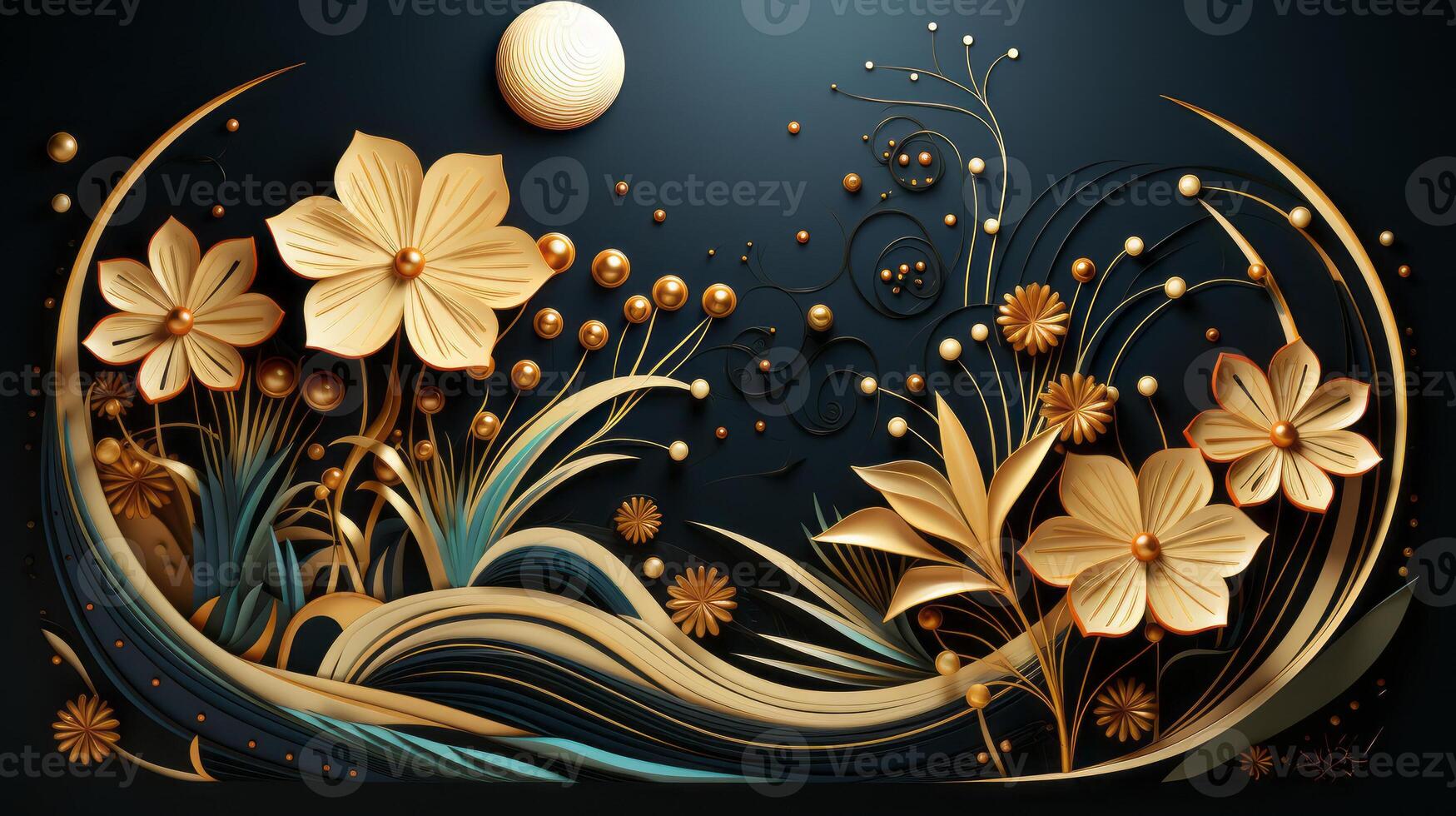 A gold and black art deco pattern, in the style of organic and naturalistic compositions. photo
