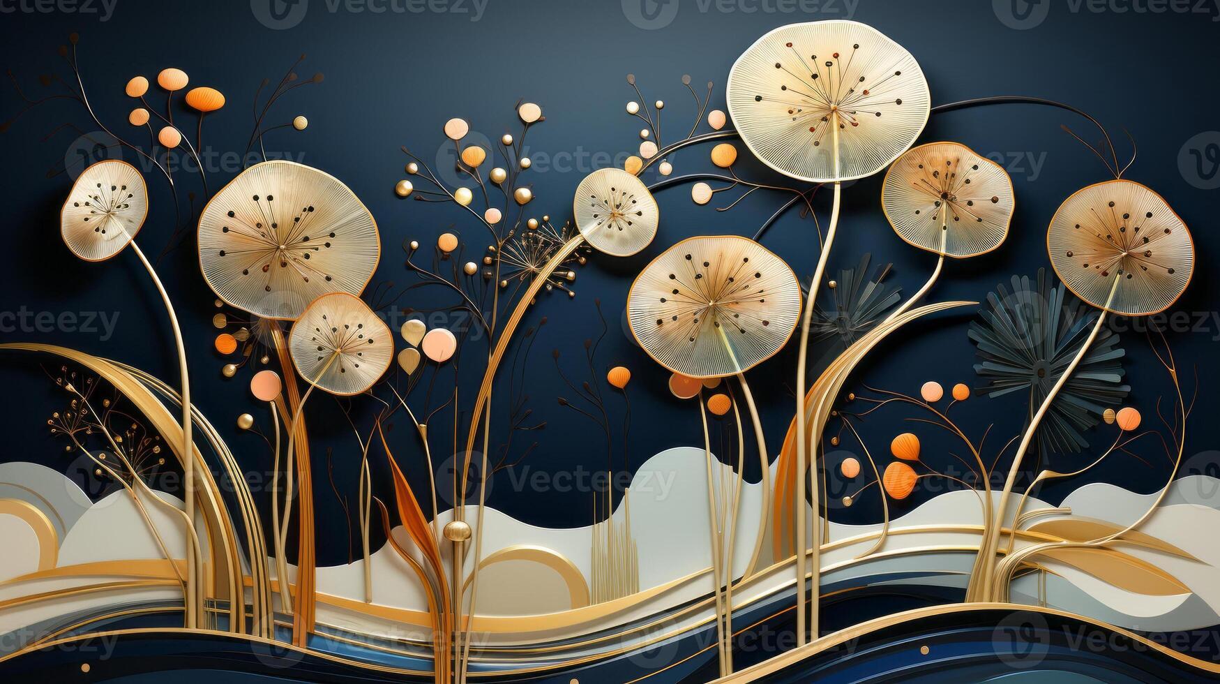 A gold and black art deco pattern, in the style of organic and naturalistic compositions. photo