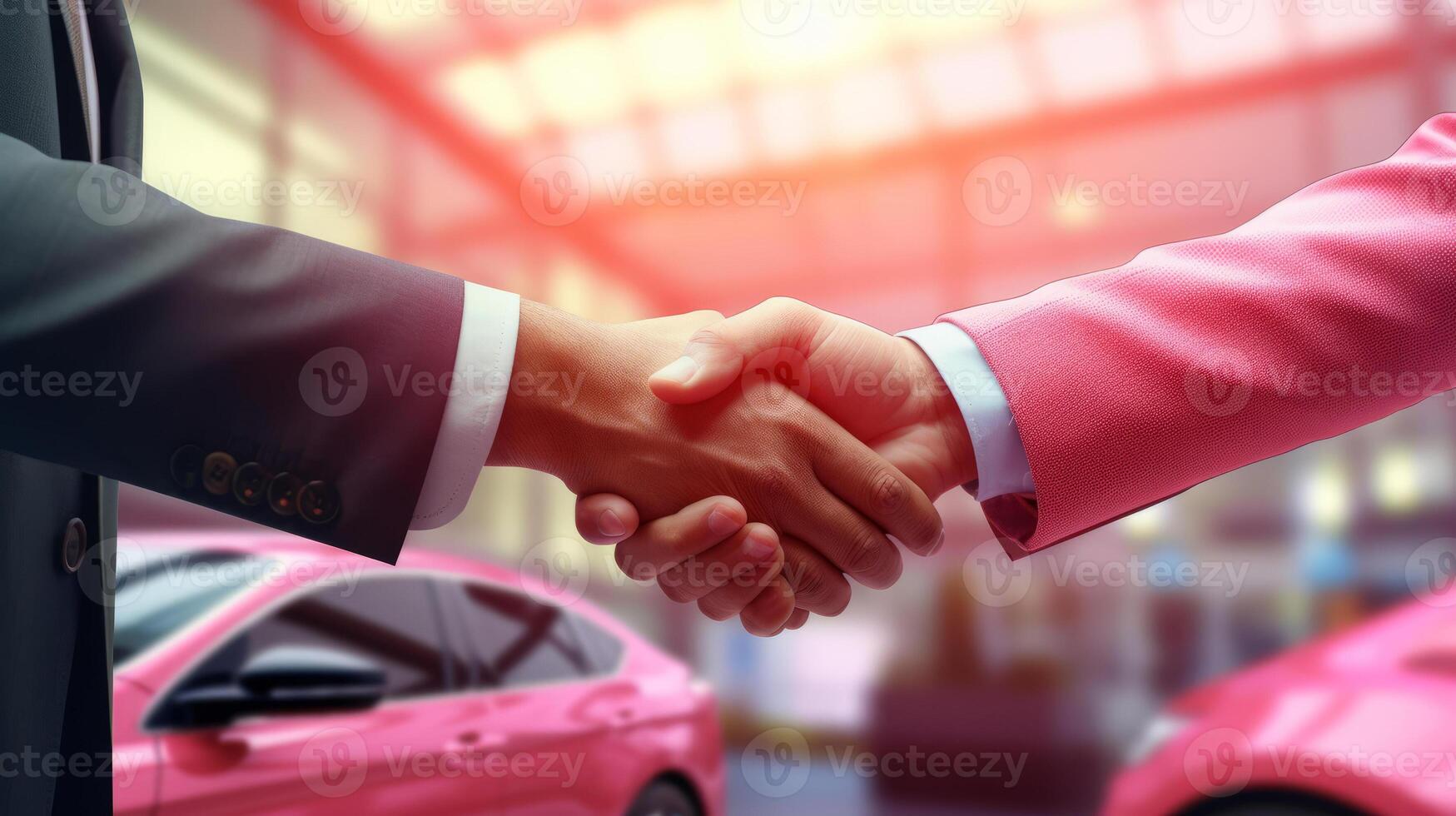 A sales representative shaking hands with an individual over a car, in the style of light crimson, poster, large canvas format, close up shots. photo