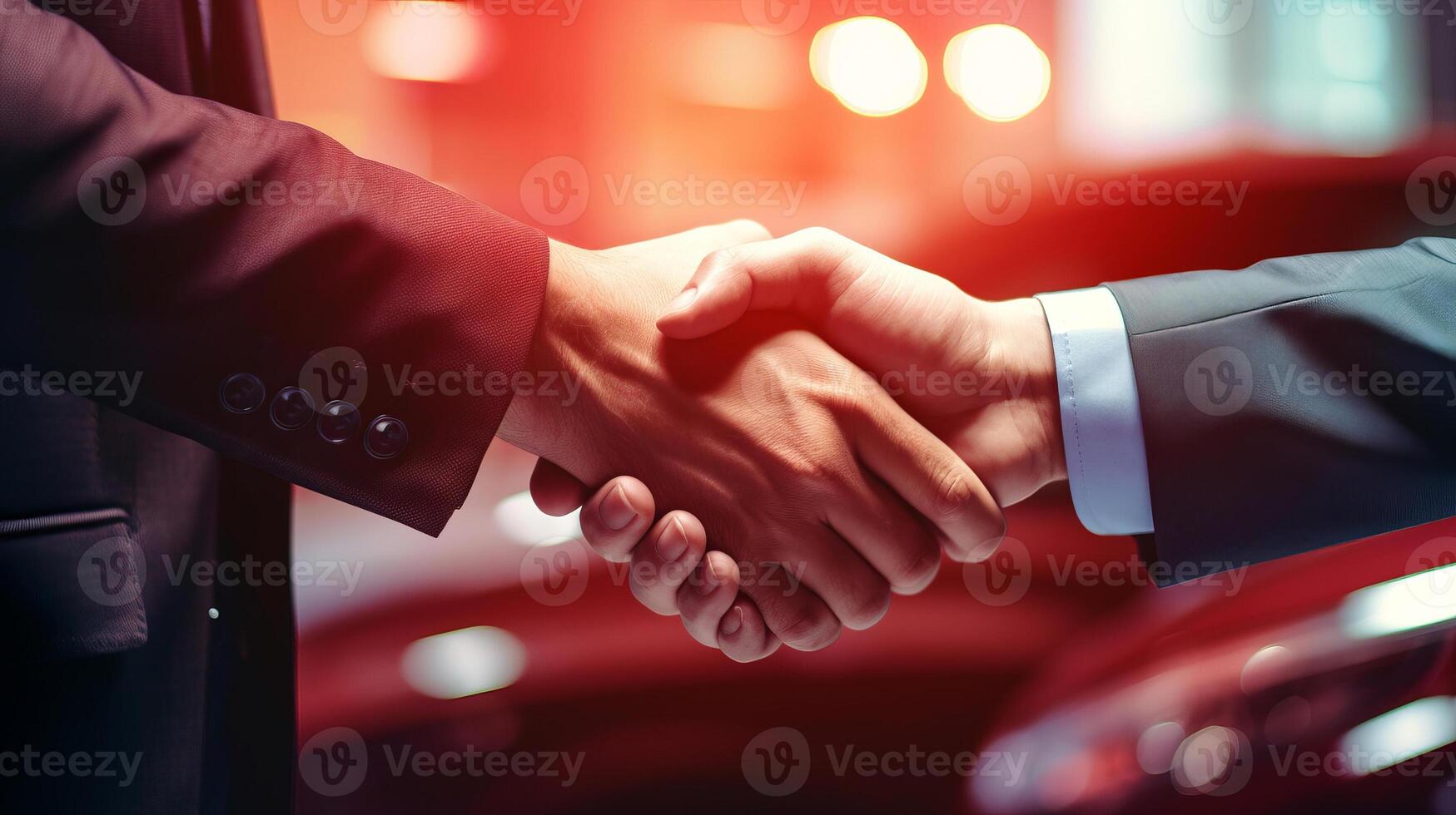 A sales representative shaking hands with an individual over a car, in the style of light crimson, poster, large canvas format, close up shots. photo