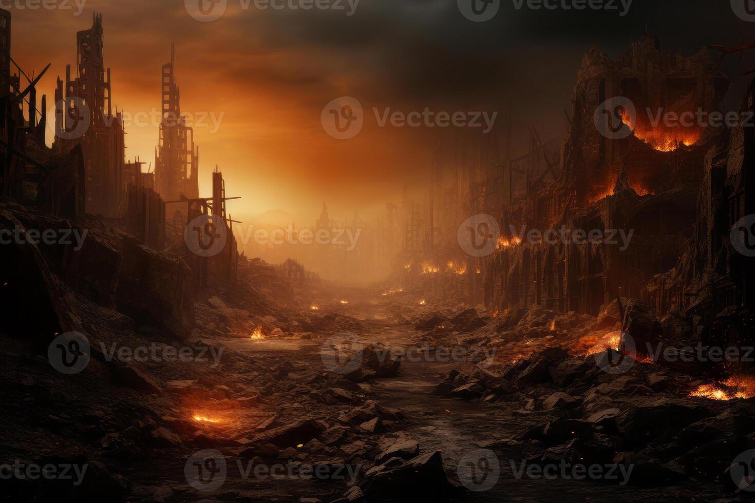 An image representing a destroyed city in a fire storm. photo