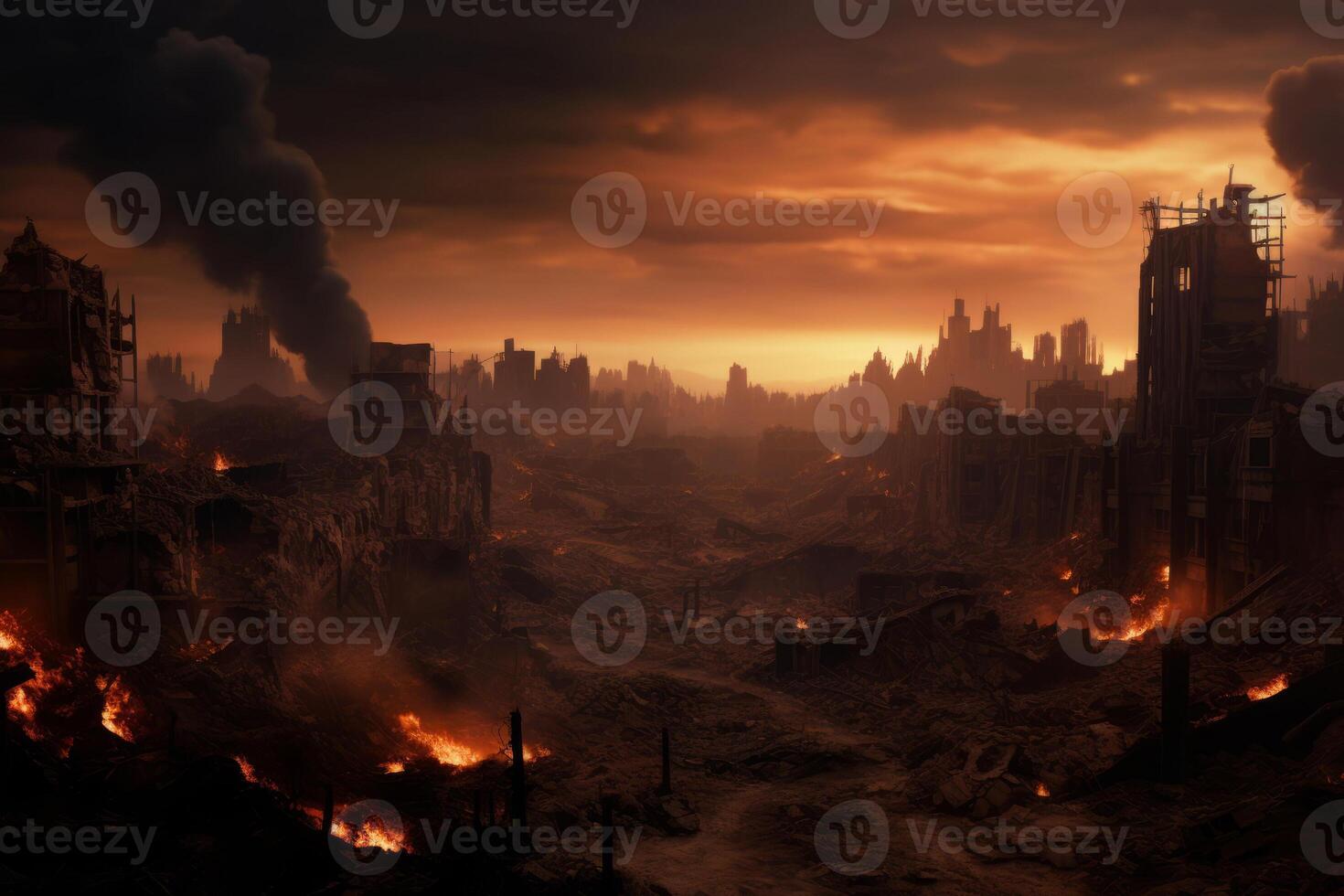 An image representing a destroyed city in a fire storm. photo