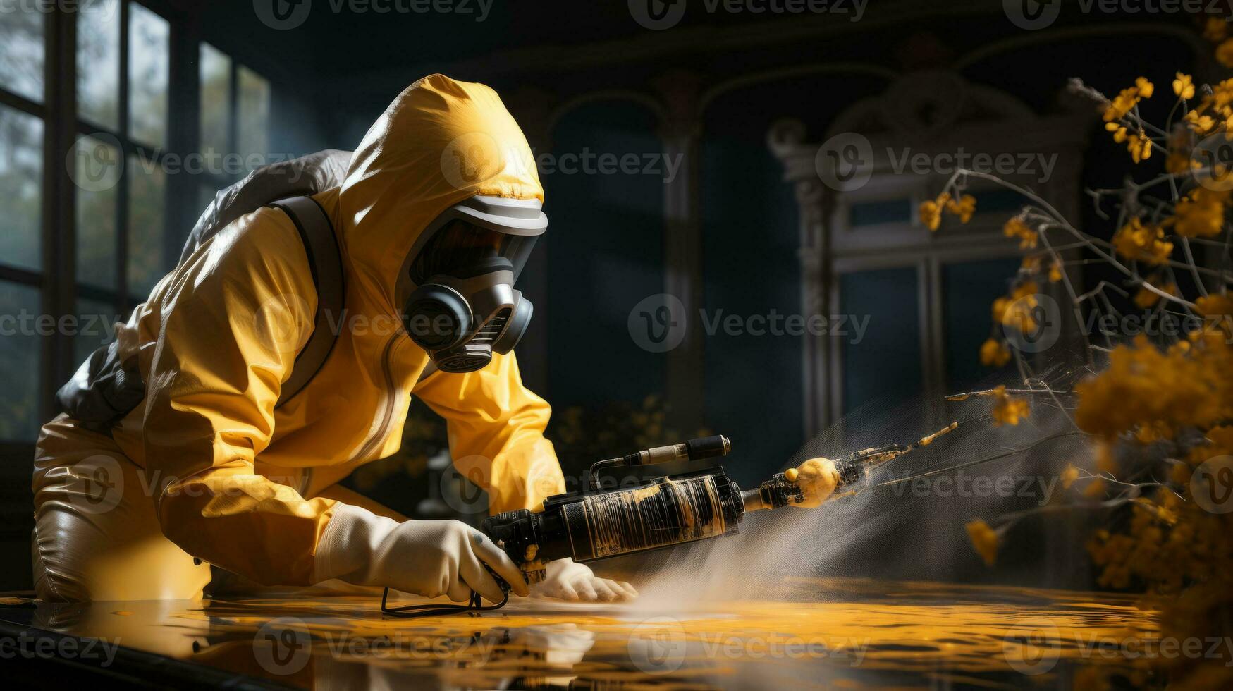un empleado pulverización un casa utilizando un gas motorizado pesticida, en el estilo de monocromo interiores, ligero amarillo. ai generado foto