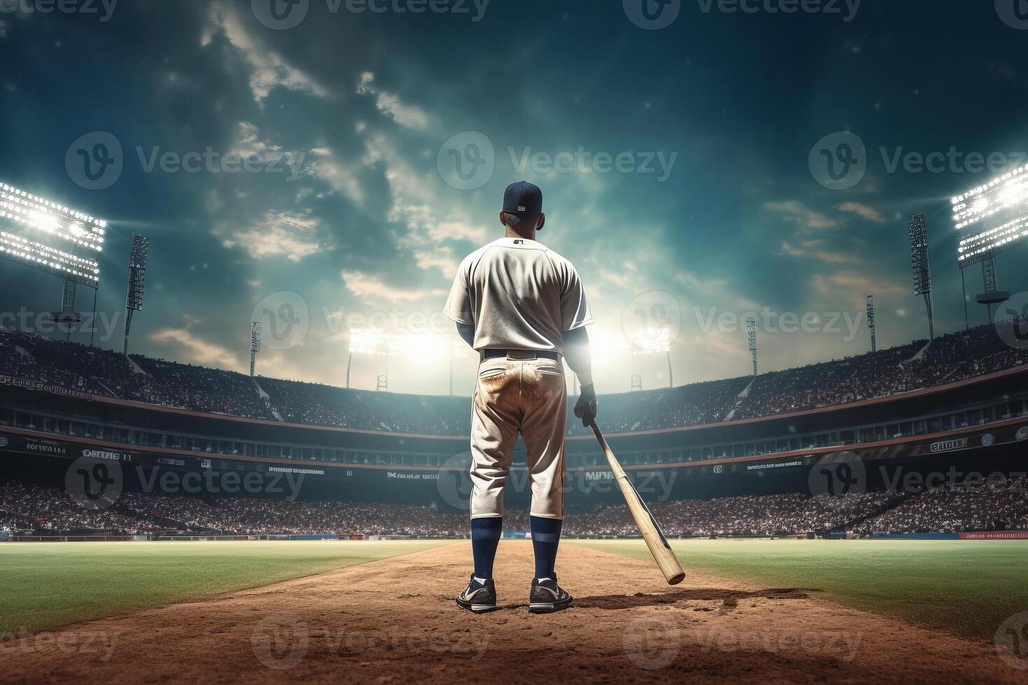 baseball player with bat on baseball field, in the style of spectacular backdrops. photo