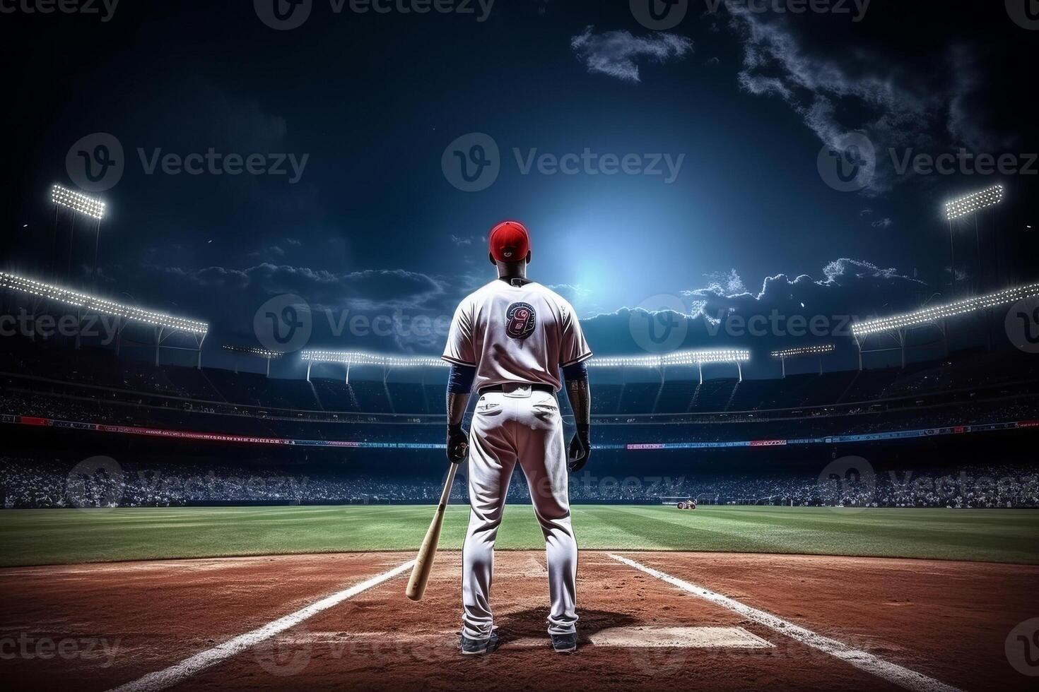 baseball player with bat on baseball field, in the style of spectacular backdrops. photo