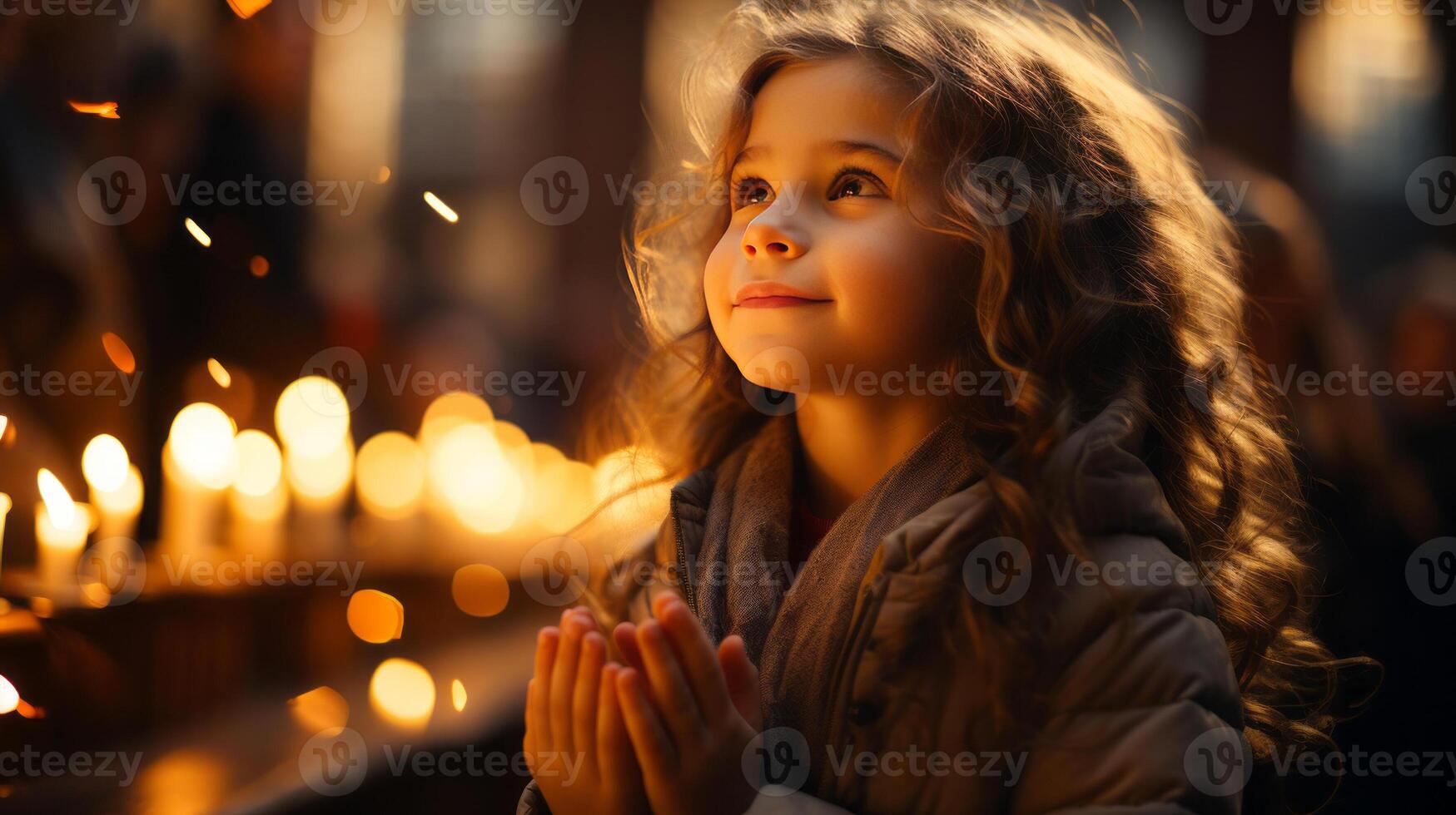 cute small girl praying in the church and Jesus giving blessing, cinematic effect, studios light. photo