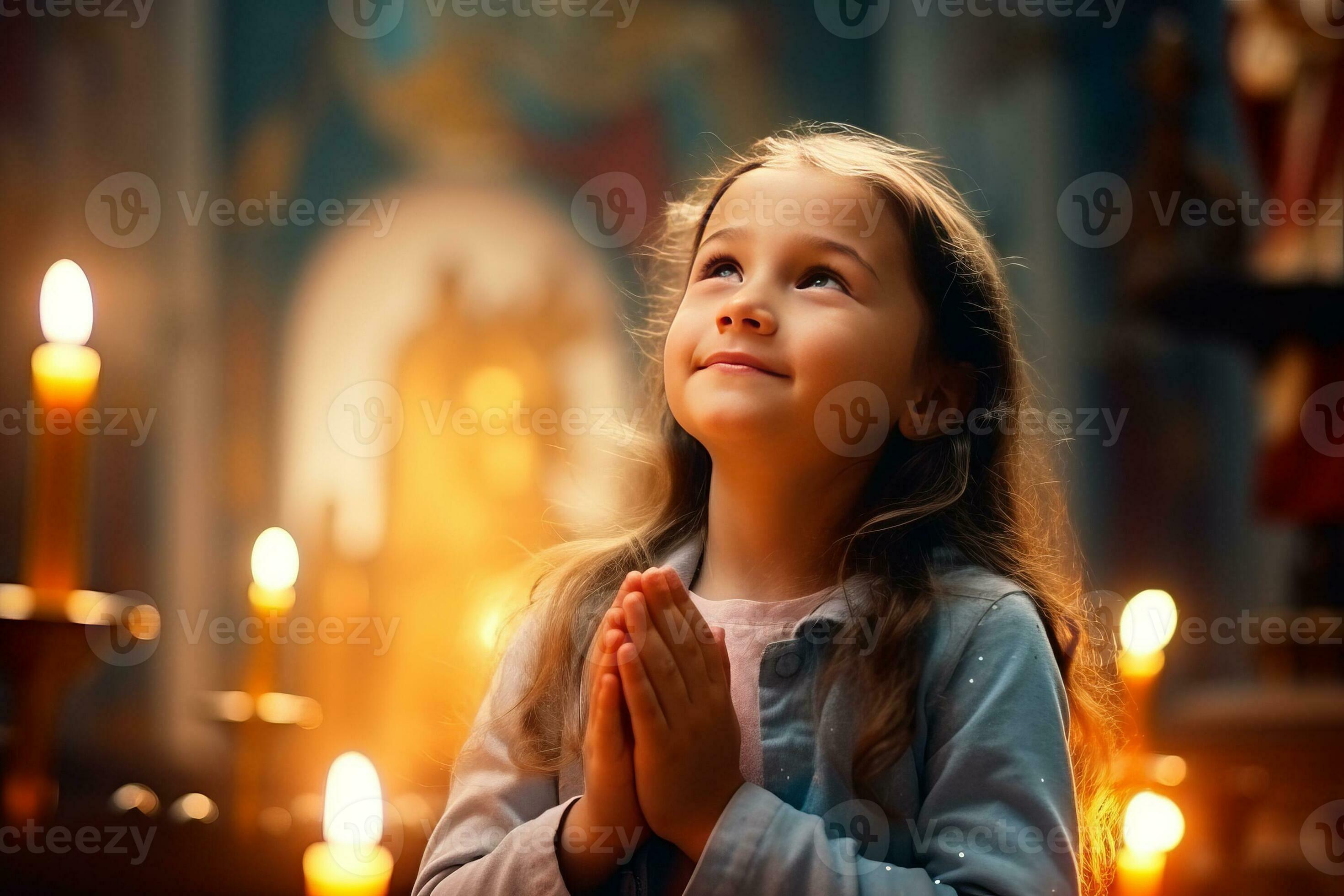 cute small girl praying in the church and Jesus giving blessing, cinematic  effect, studios light. AI Generated 25475127 Stock Photo at Vecteezy