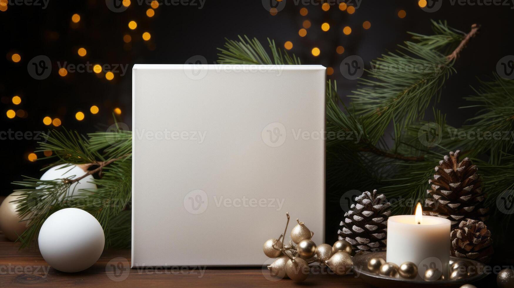 mockup of Christmas card in Christmas branches, in the style of large canvas format. photo