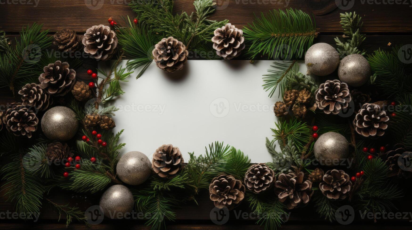 pine fir branches surrounded by a blank white board under a tree, in the style of texture rich compositions. photo
