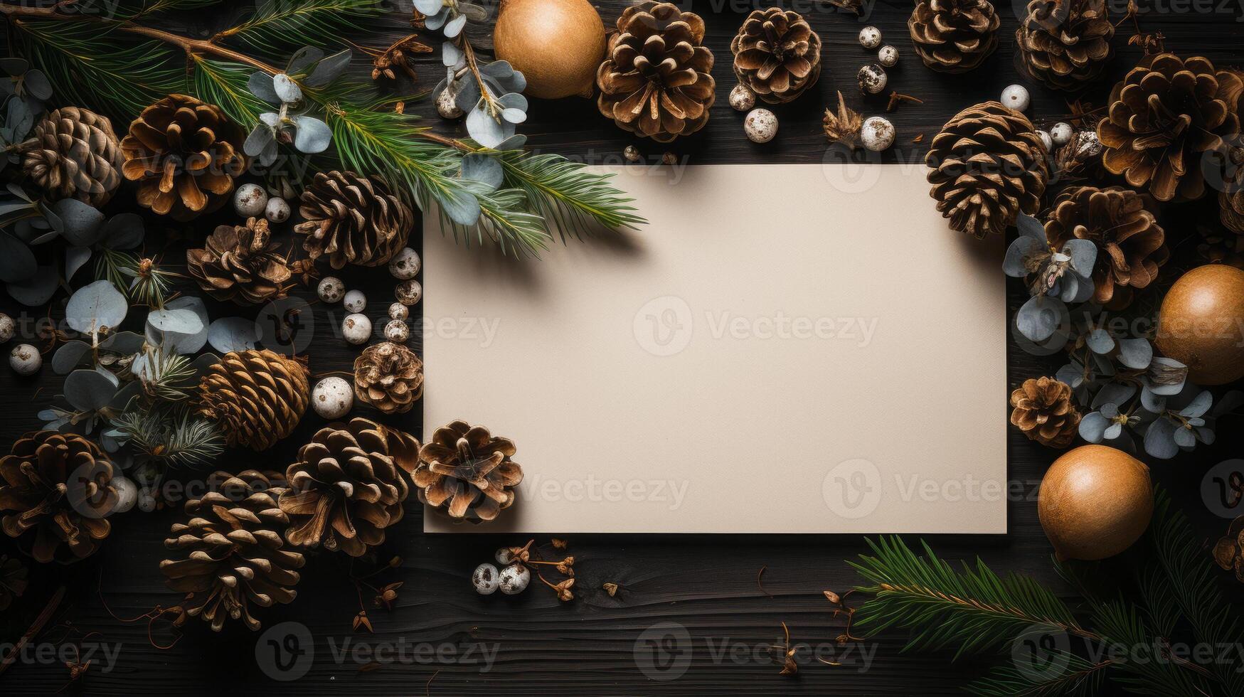 pine fir branches surrounded by a blank white board under a tree, in the style of texture rich compositions. photo