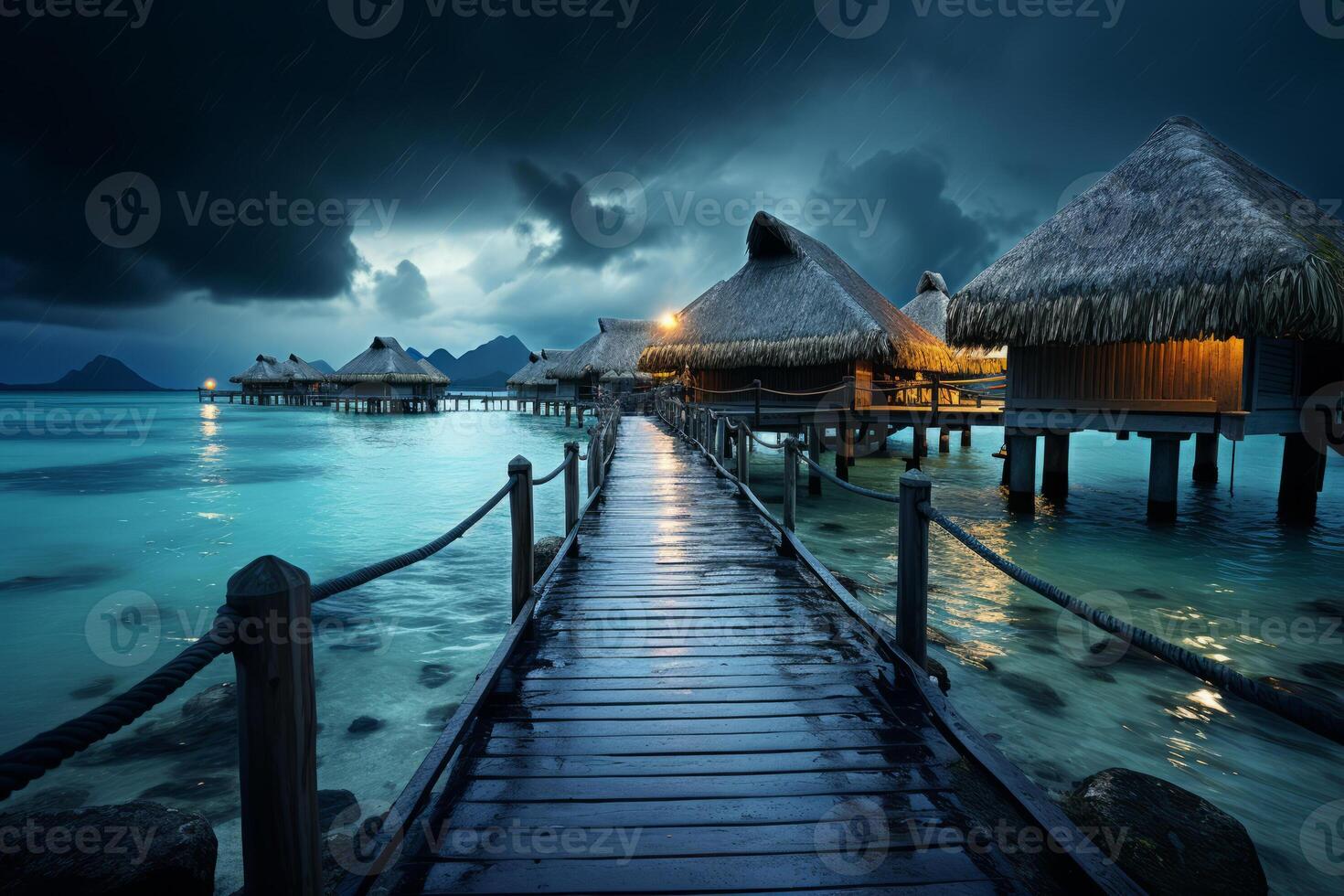 The piers with thatched huts in the sea at bora bora. photo