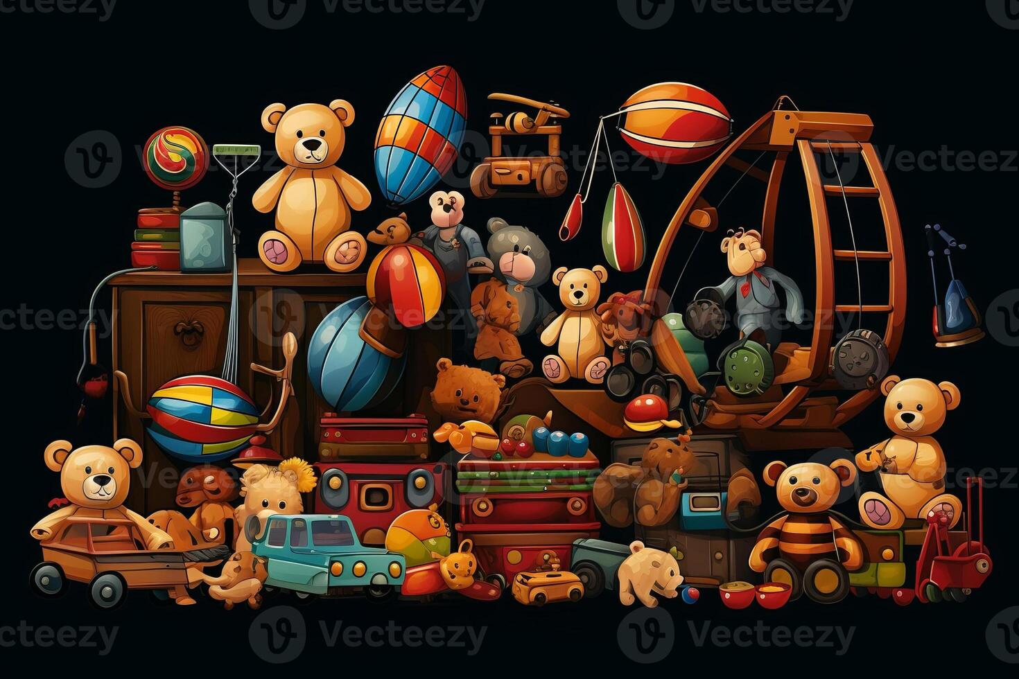 Toy collection on black background.. photo