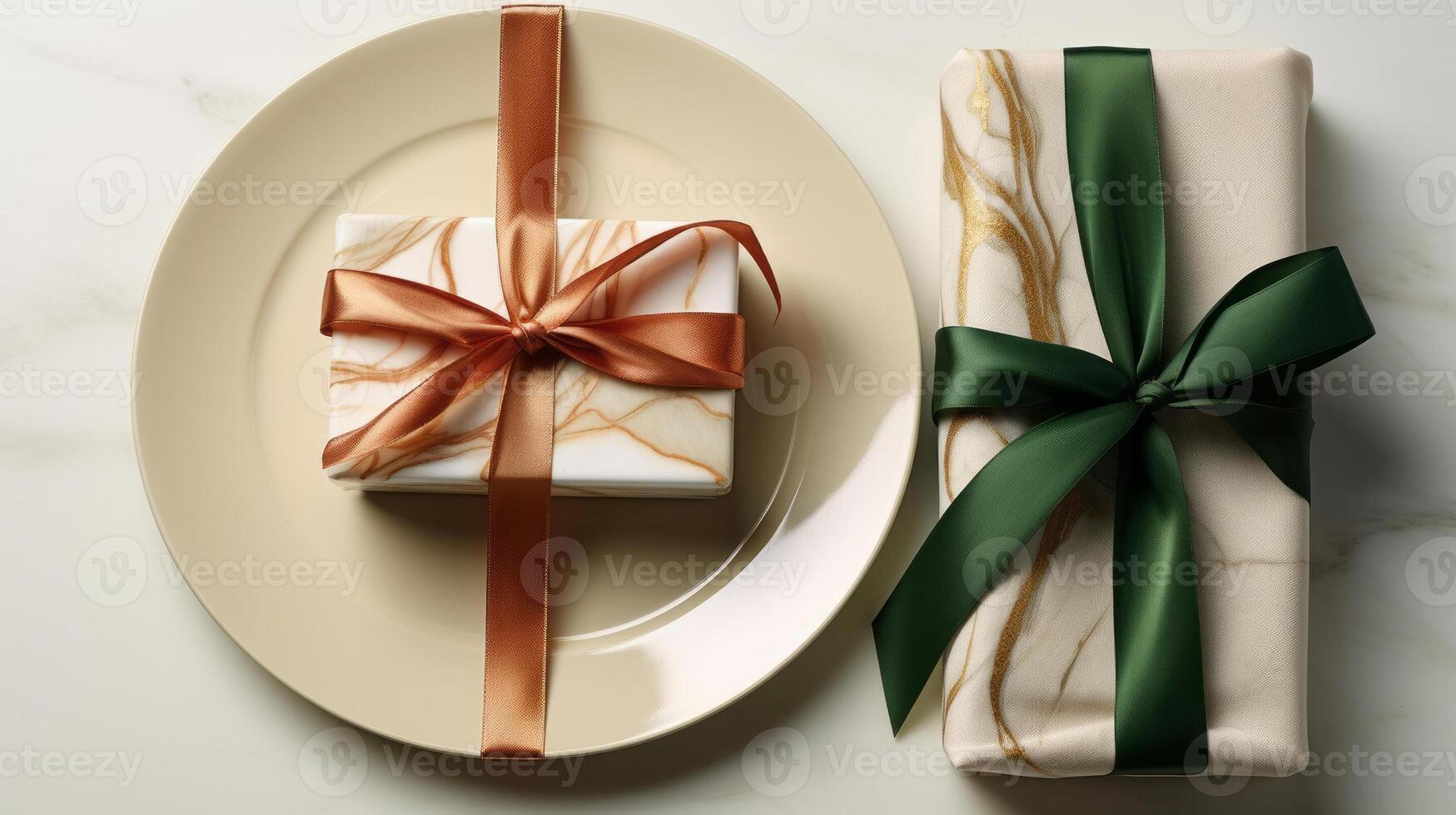 Two plates with gift wrapped on them, with a wine glass. photo