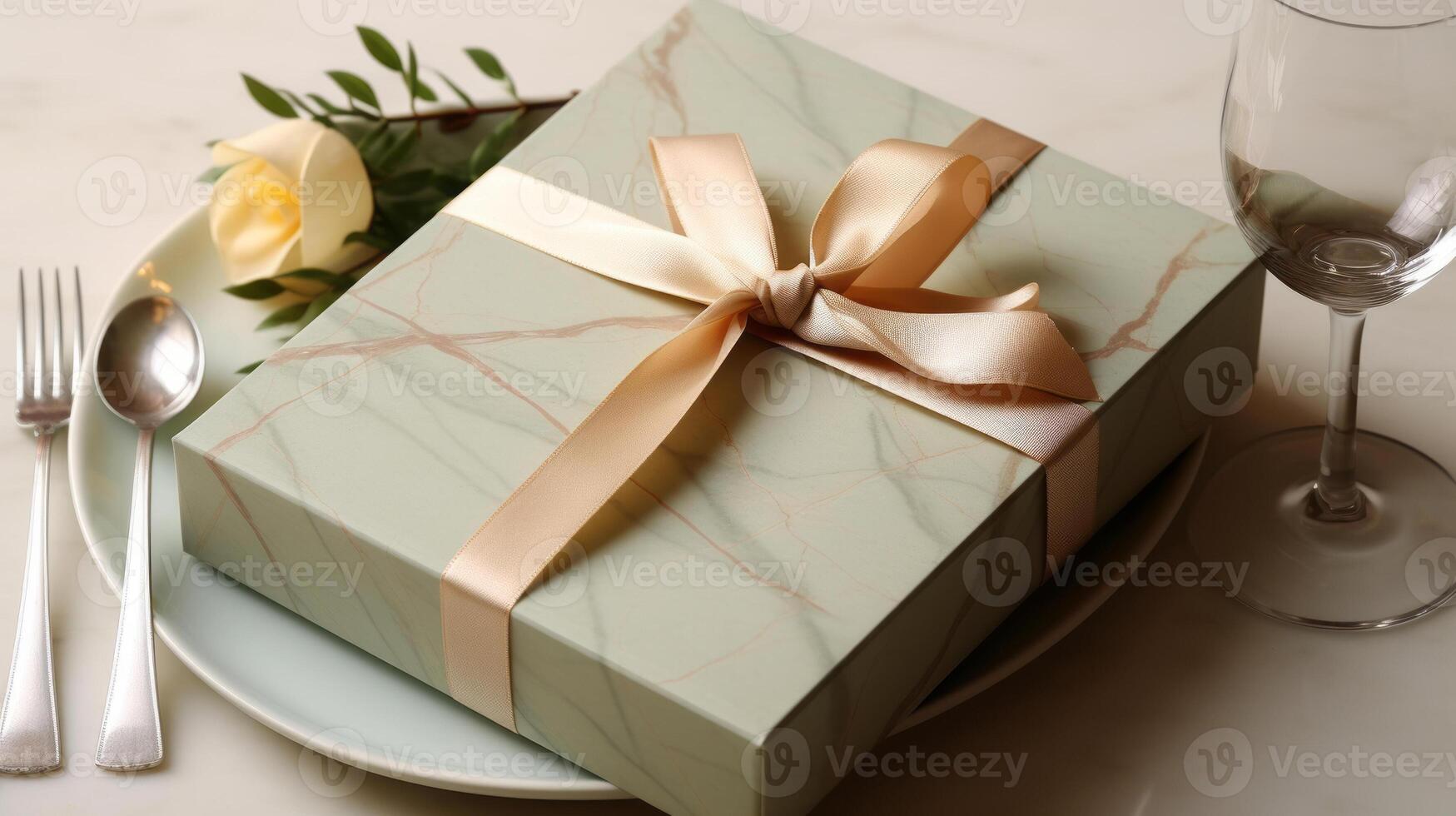Two plates with gift wrapped on them, with a wine glass. photo