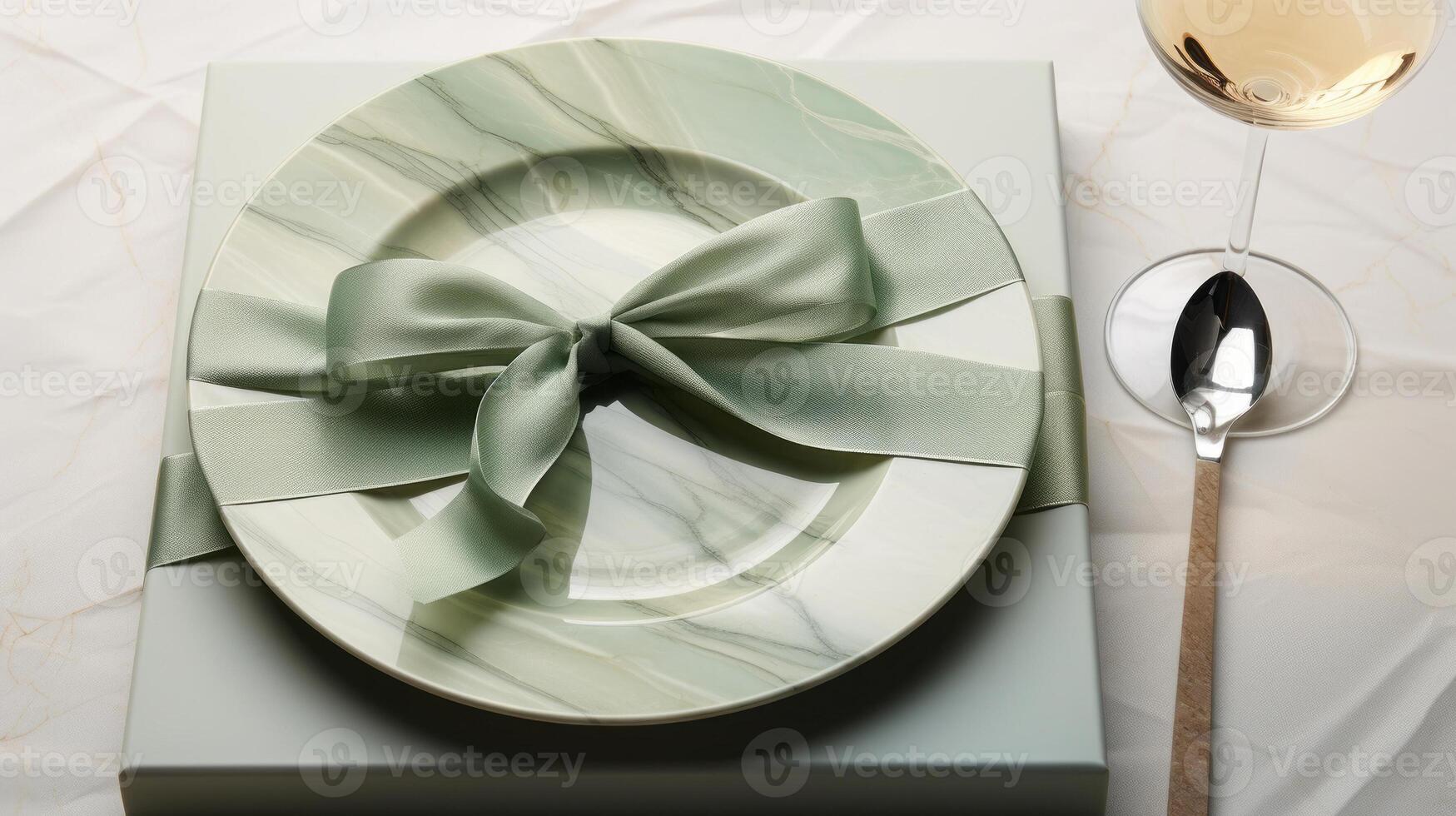 Two plates with gift wrapped on them, with a wine glass. photo