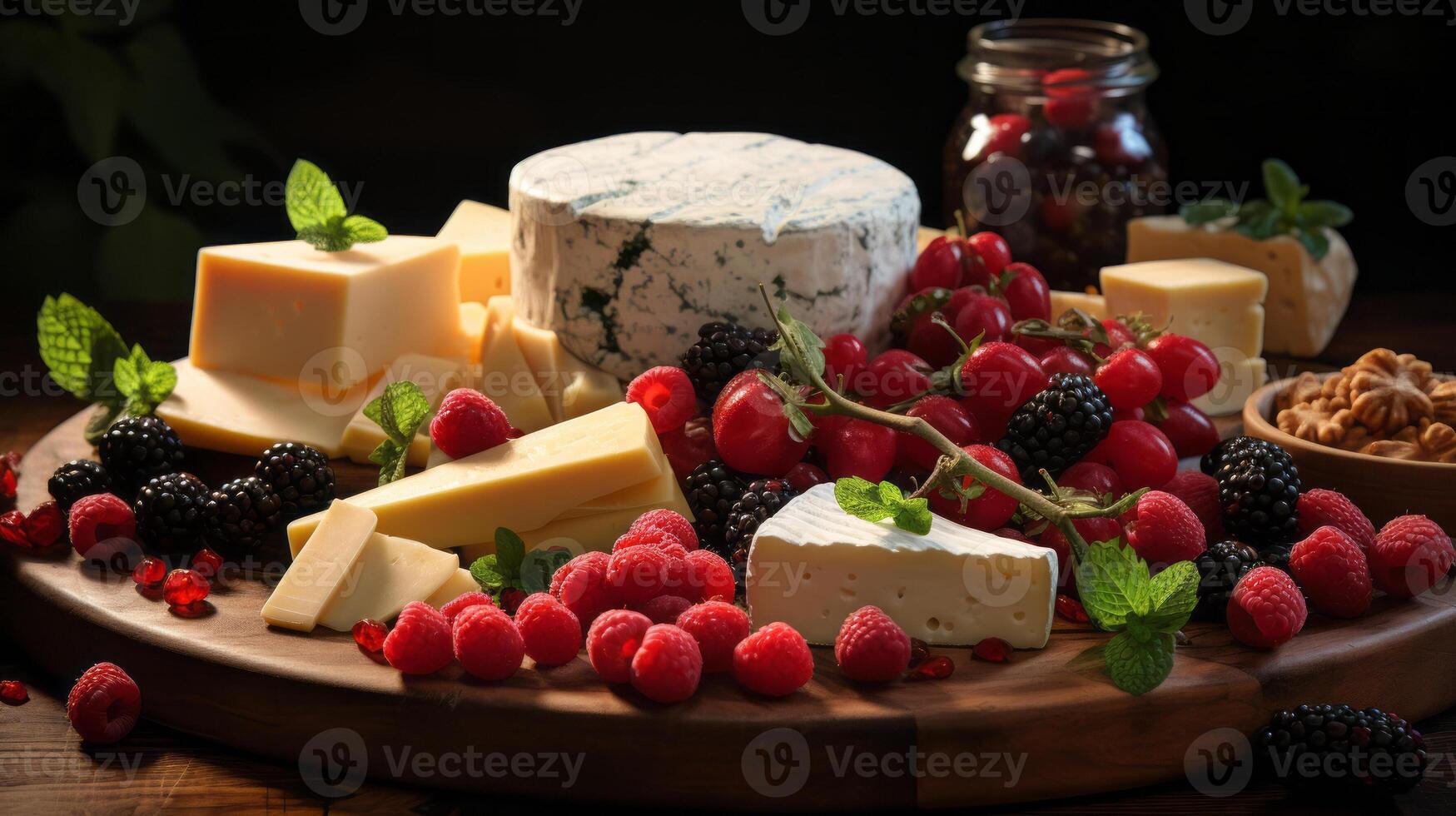 Various types of cheese and berries cheese and meats. photo