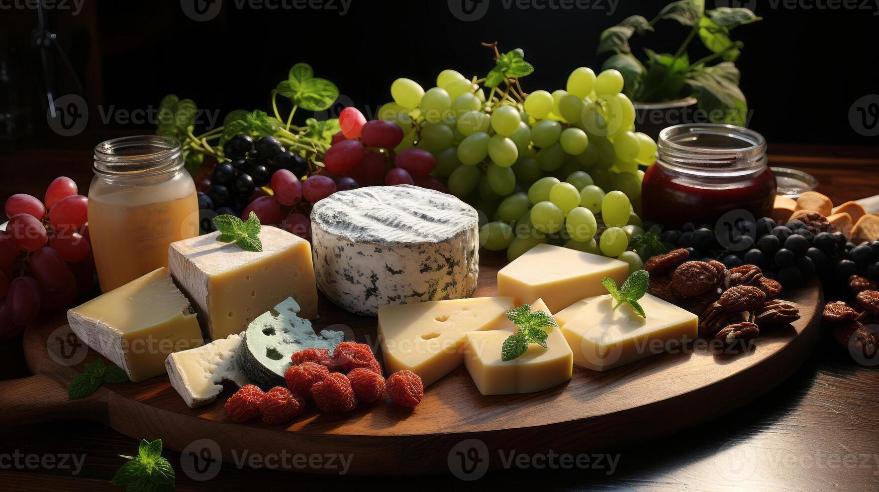 Various types of cheese and berries cheese and meats. photo