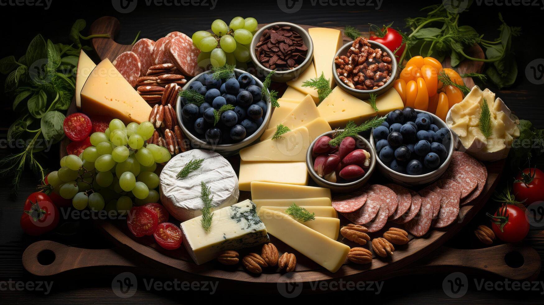 Various types of cheese and berries cheese and meats. photo