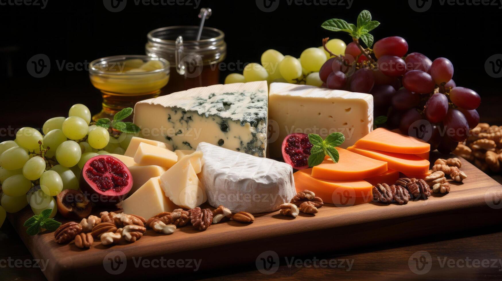 Various types of cheese and berries cheese and meats. photo