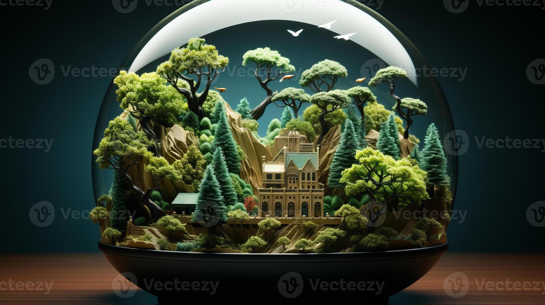 papercut illustration of a green planet and its trees. photo