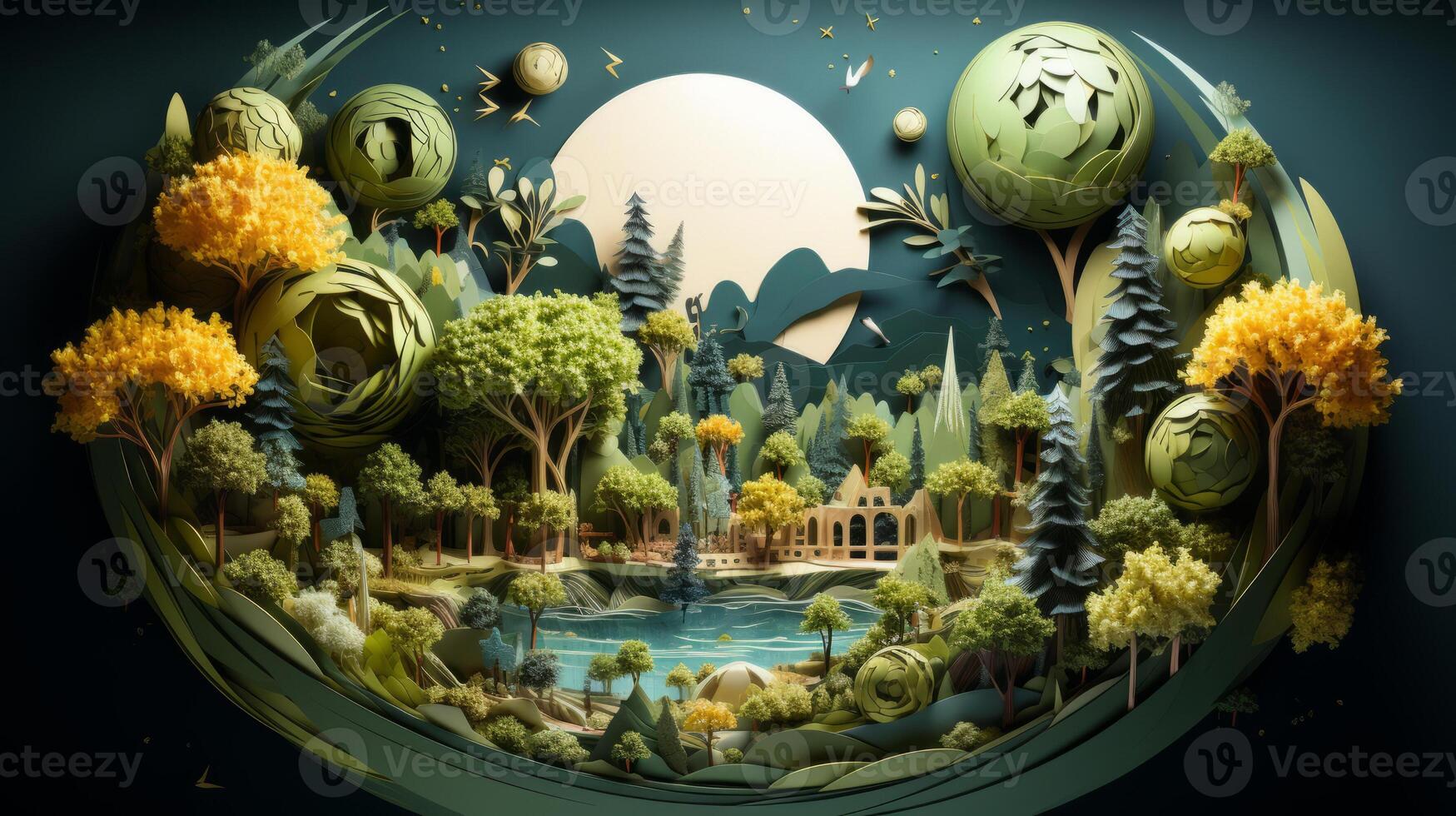 papercut illustration of a green planet and its trees. photo