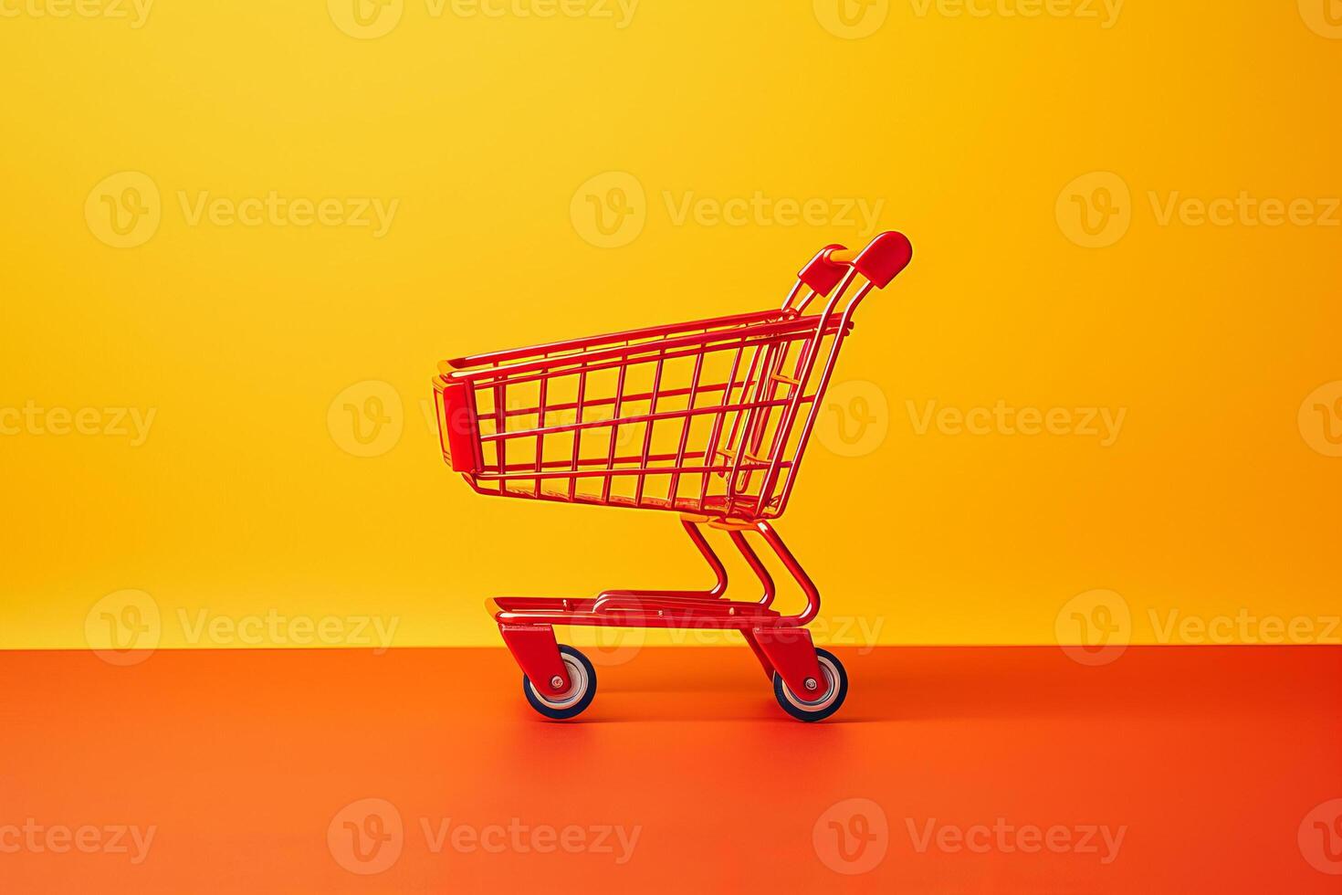 red shopping cart on yellow background. photo