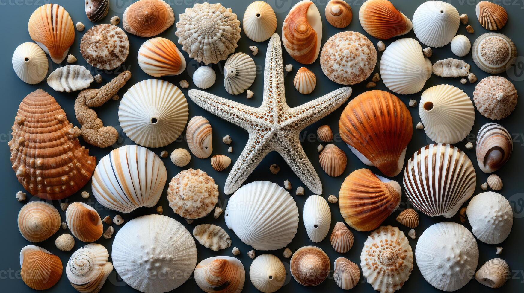 beach finds small seashells, fossil coral and sand dollars, puka shells, a sea urchin and a white starfish. photo