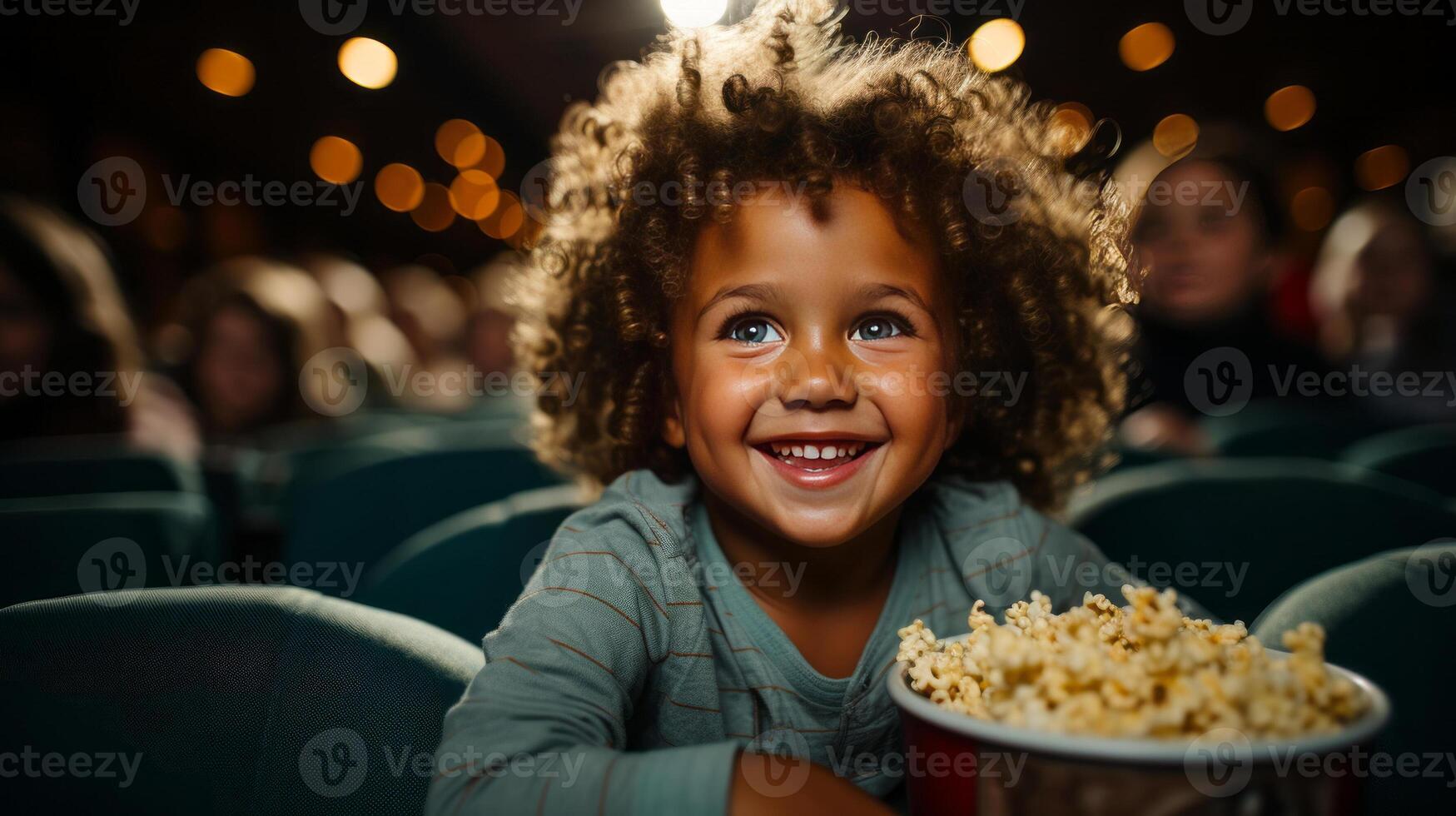 Child girl eating popcorn in a movie theater, sitting and eating