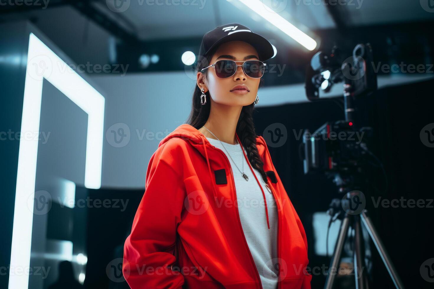 influencer at youtube live, crypto concept, light, minimalistic. photo