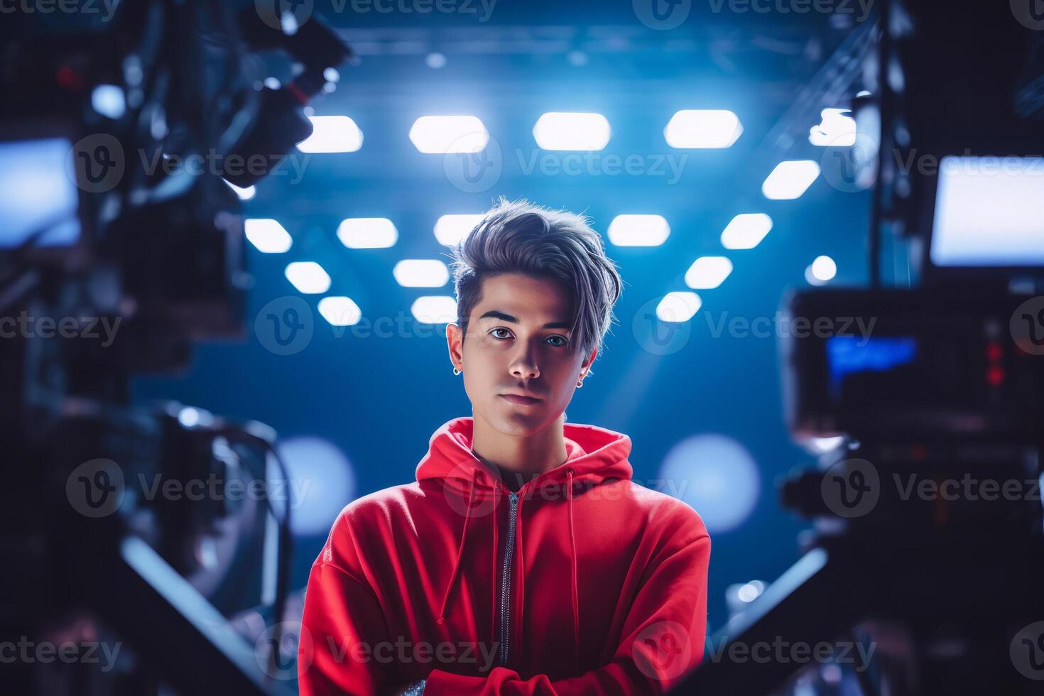 influencer at youtube live, crypto concept, light, minimalistic. photo
