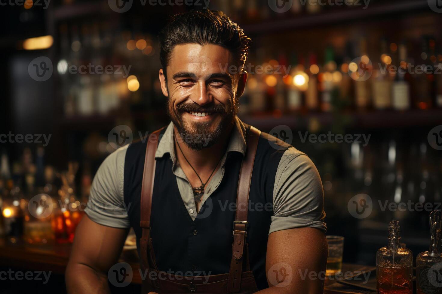 portrait smiling bartender mixes a cocktail in a shaker. photo