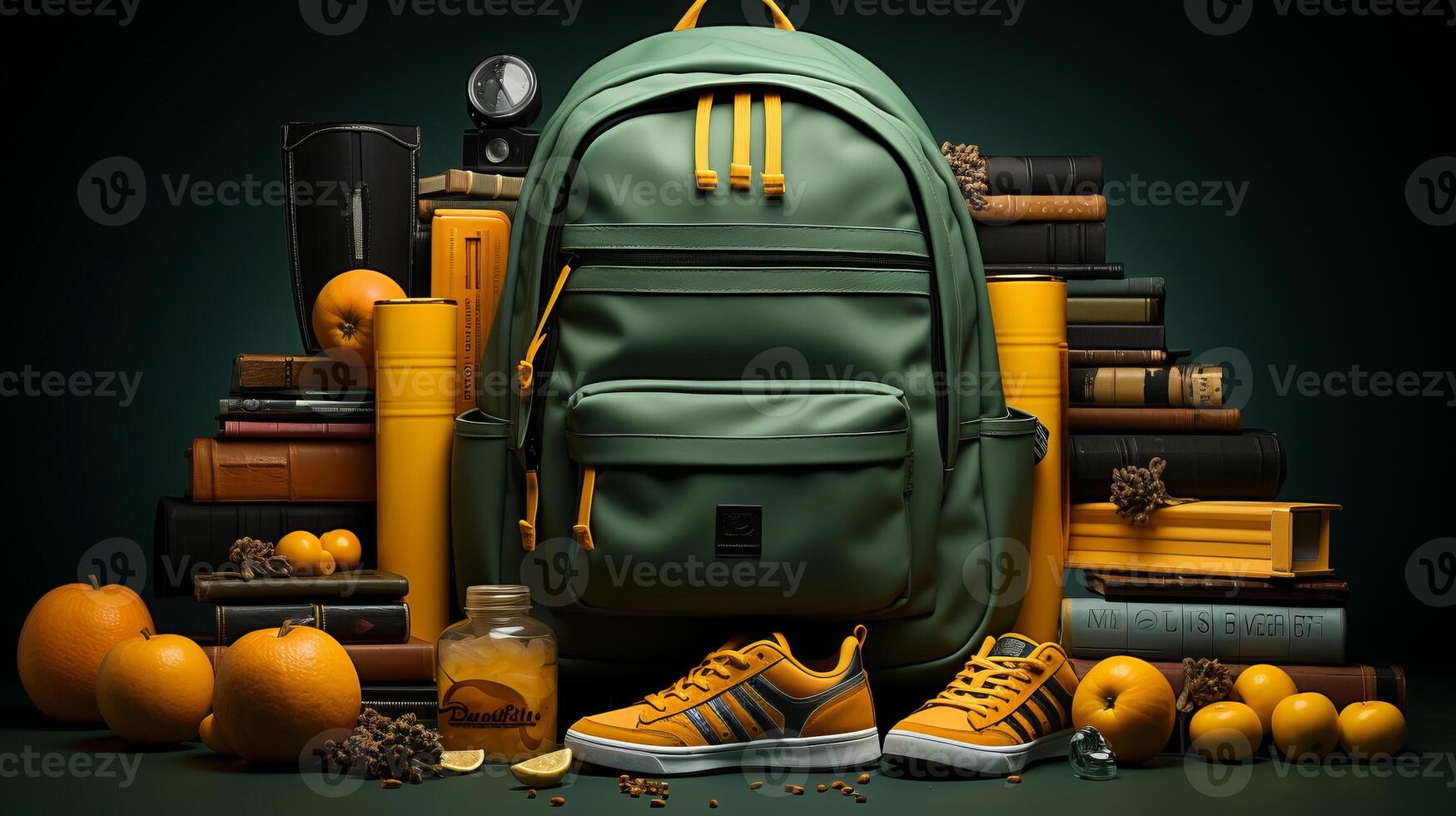 school supplies with a backpack, in the style of dark yellow and light green. photo