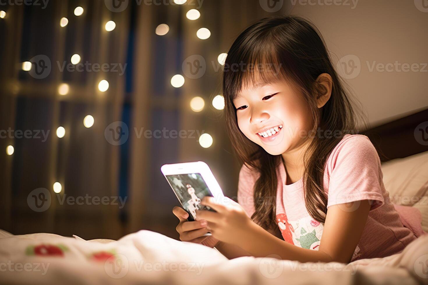 A kid setting in her room, having fun playing a game on her smartphone. photo
