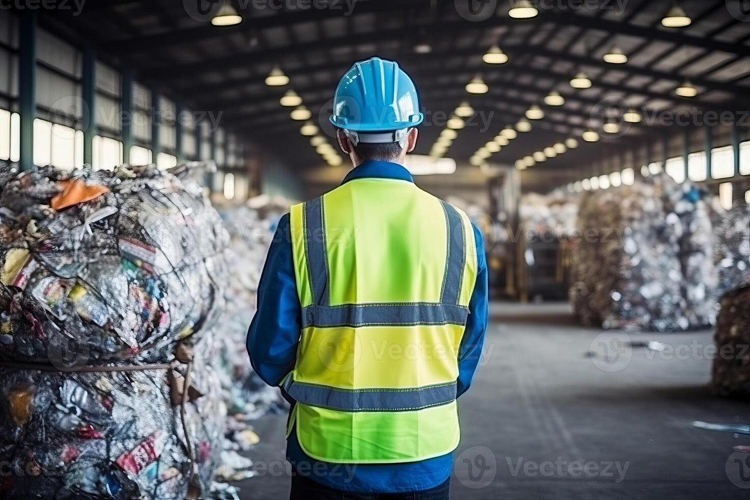 back view a worker who recycling thing on recycle center . photo