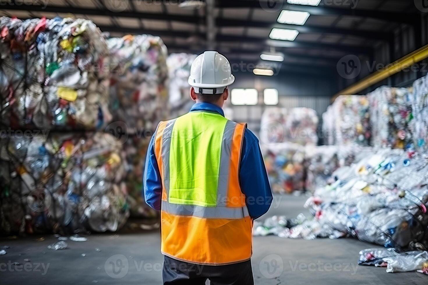 back view a worker who recycling thing on recycle center . photo