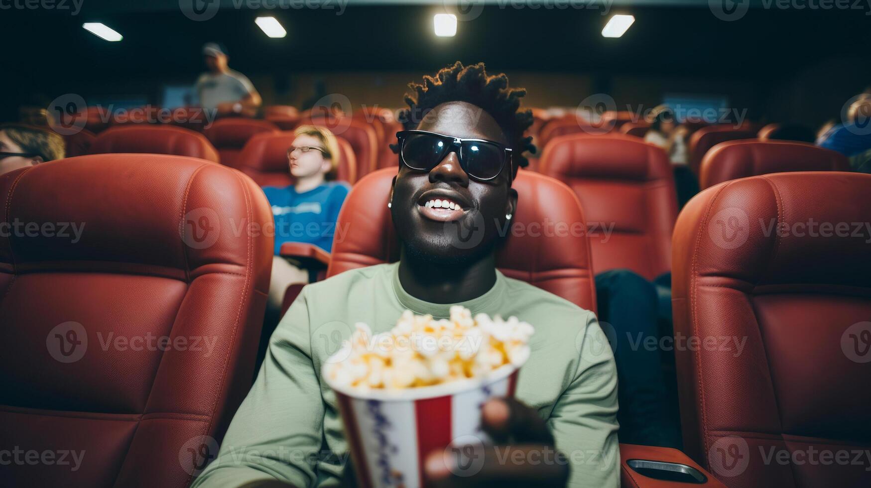 Black man eating popcorn in a movie theater, sitting and eating popcorn