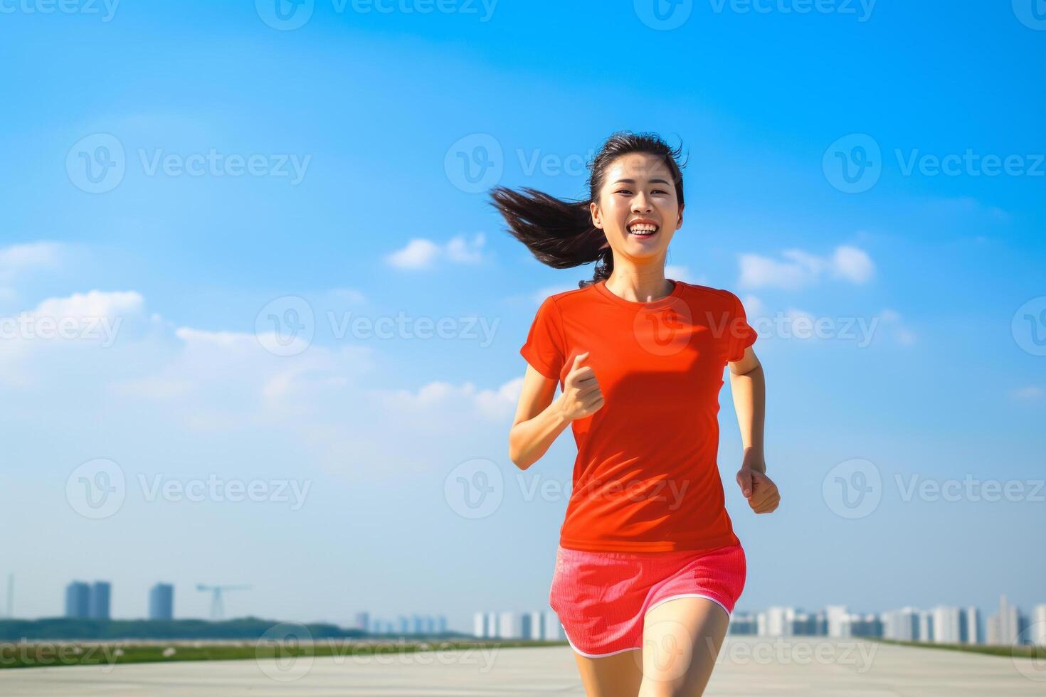 Chinese woman, aged 25, running outdoors, with a sense of training, enthusiasm, happiness, and blue sky. photo