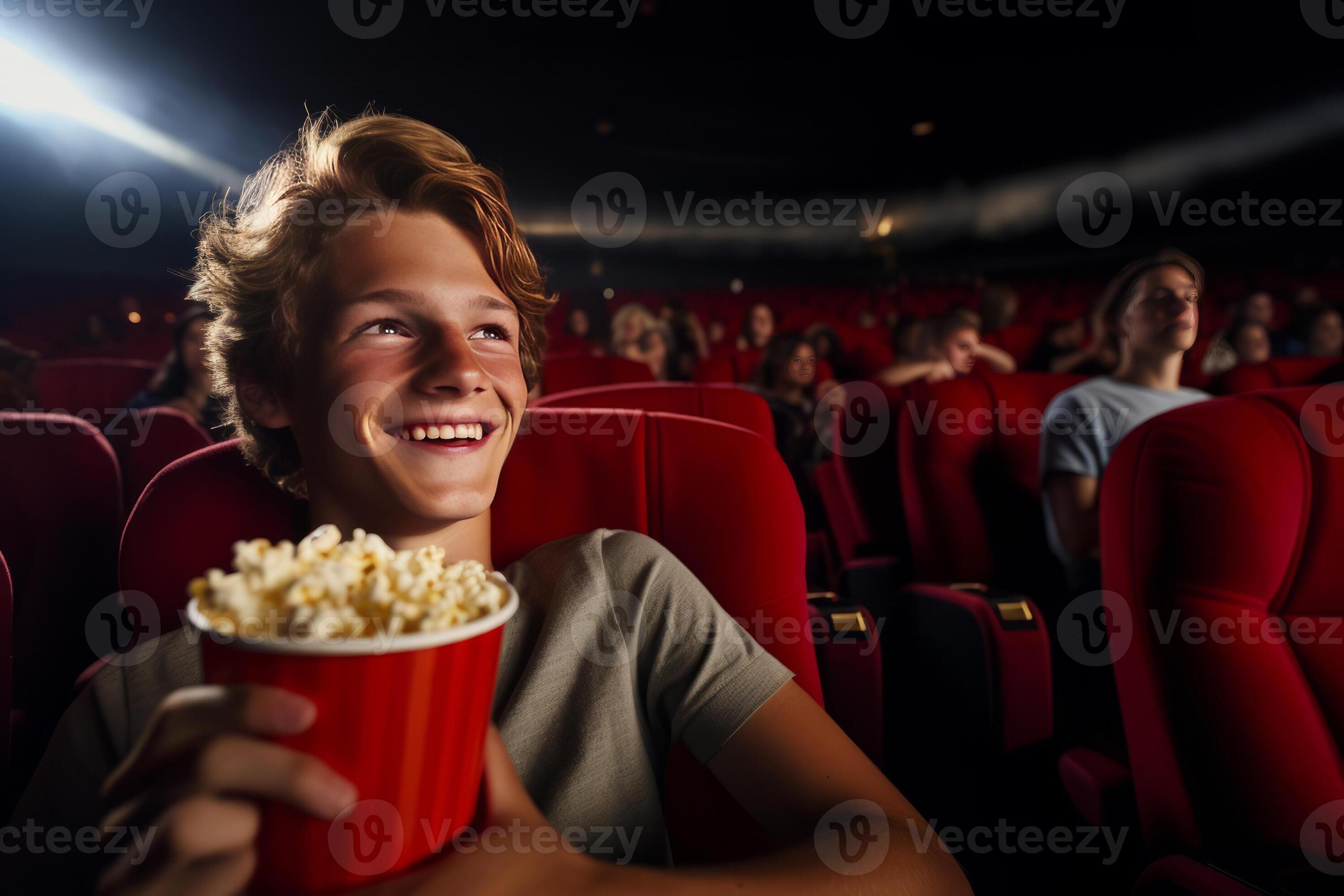 Man eating popcorn in a movie theater, sitting and eating popcorn. AI