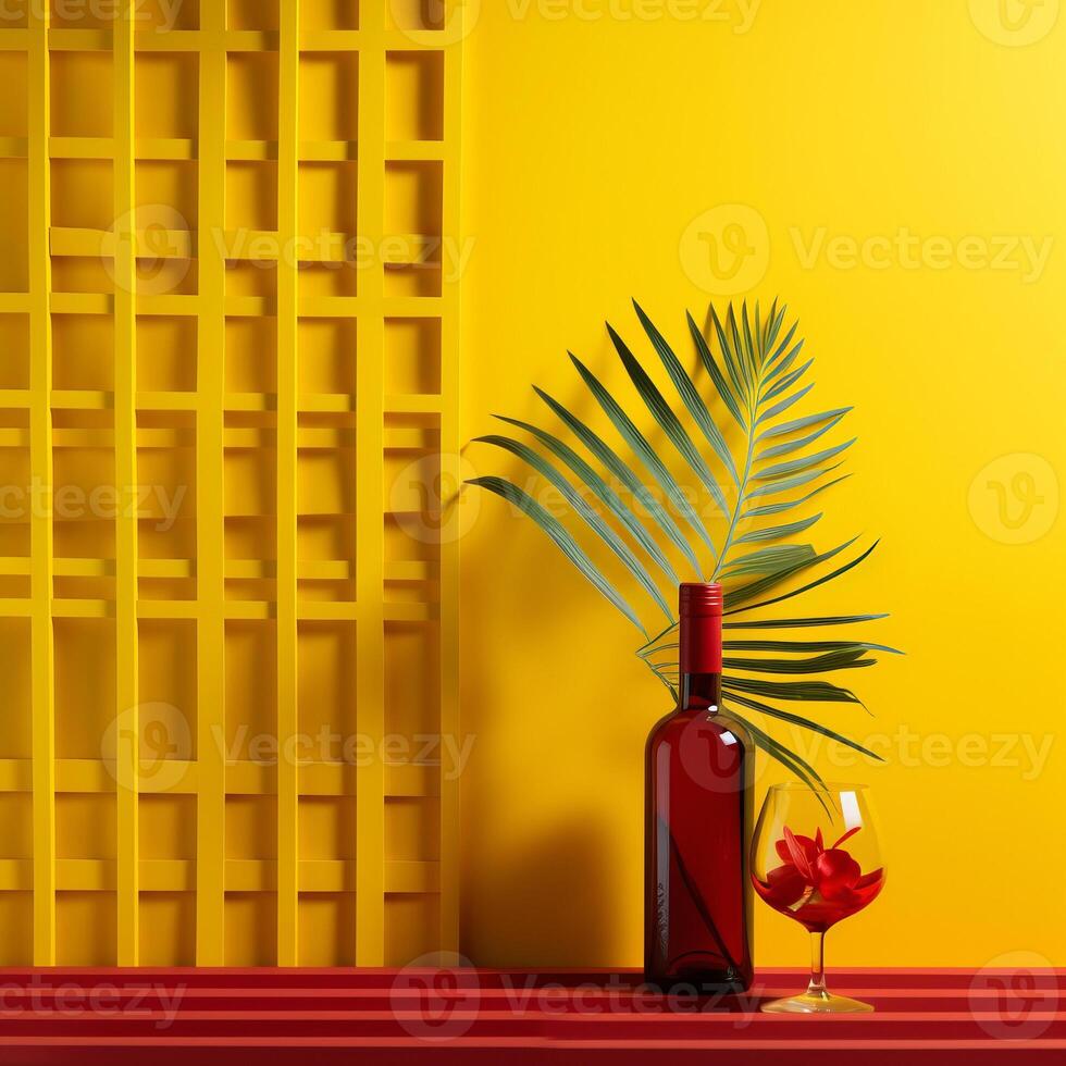Modern minimalist wine bottle design, flowers exotic, vivid color background. photo